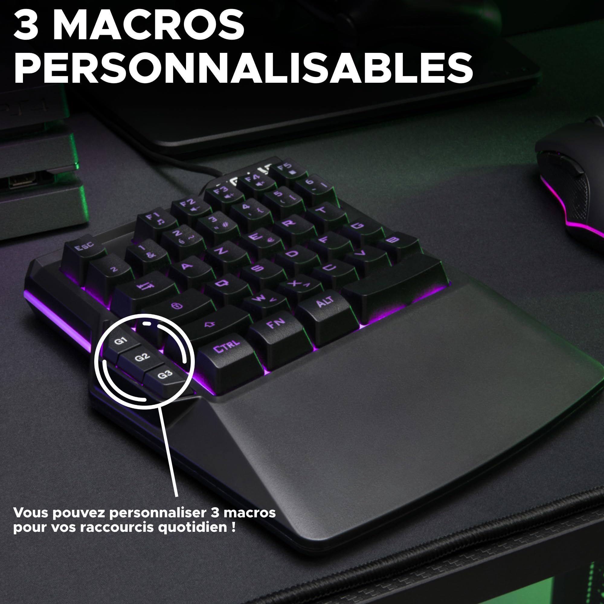The G-Lab Keyz Thorium klawiatura gamingowa jedną ręką, 38-klawiszowa mini klawiatura gamingowa RGB, 3 konfigurowalne makra, mechaniczna klawiatura sensacyjna do PC, PS5, Xbox- Nowość