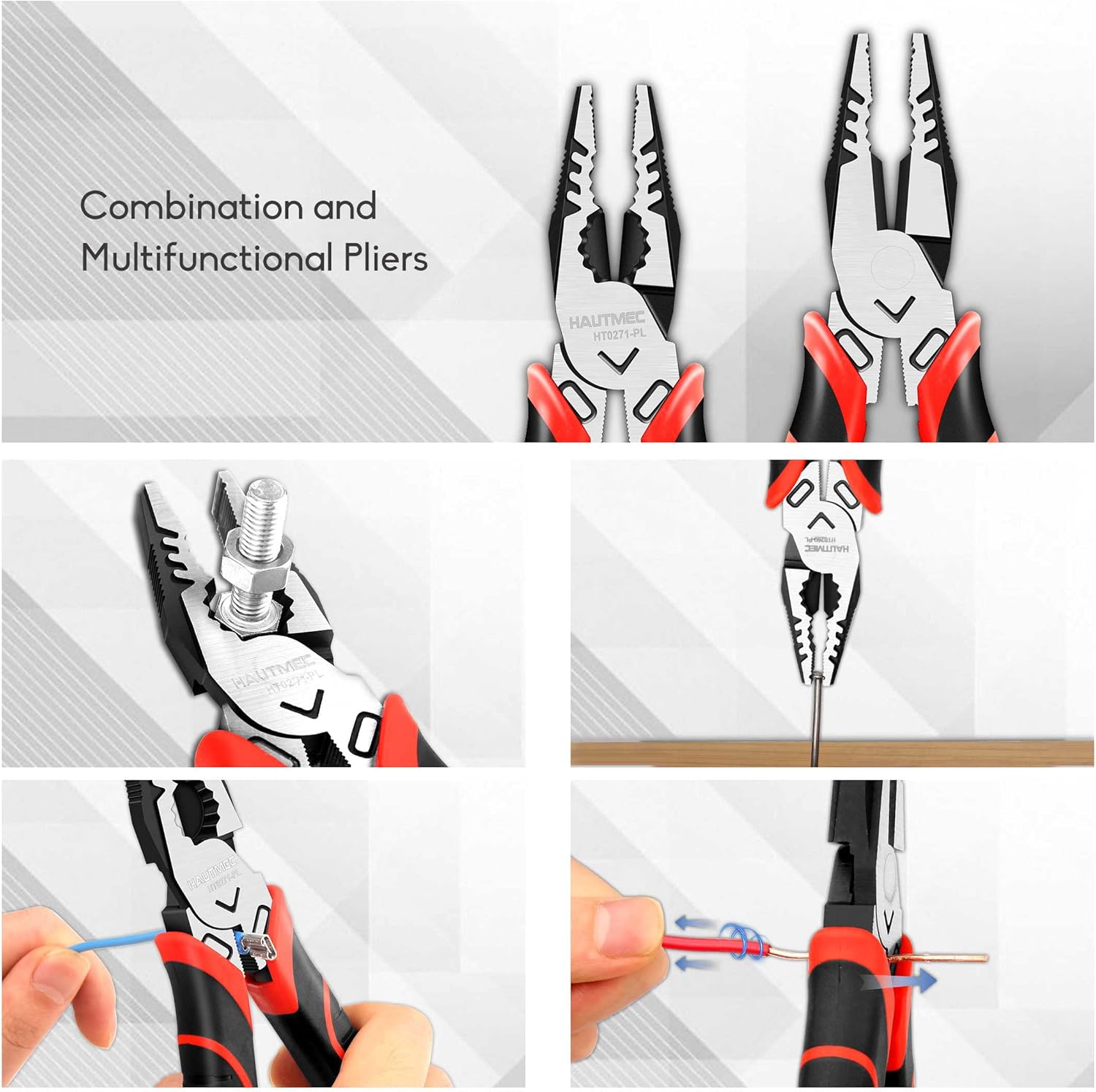 HAUTMEC 9" Linesman Pliers Bundle with Needle Nose Pliers