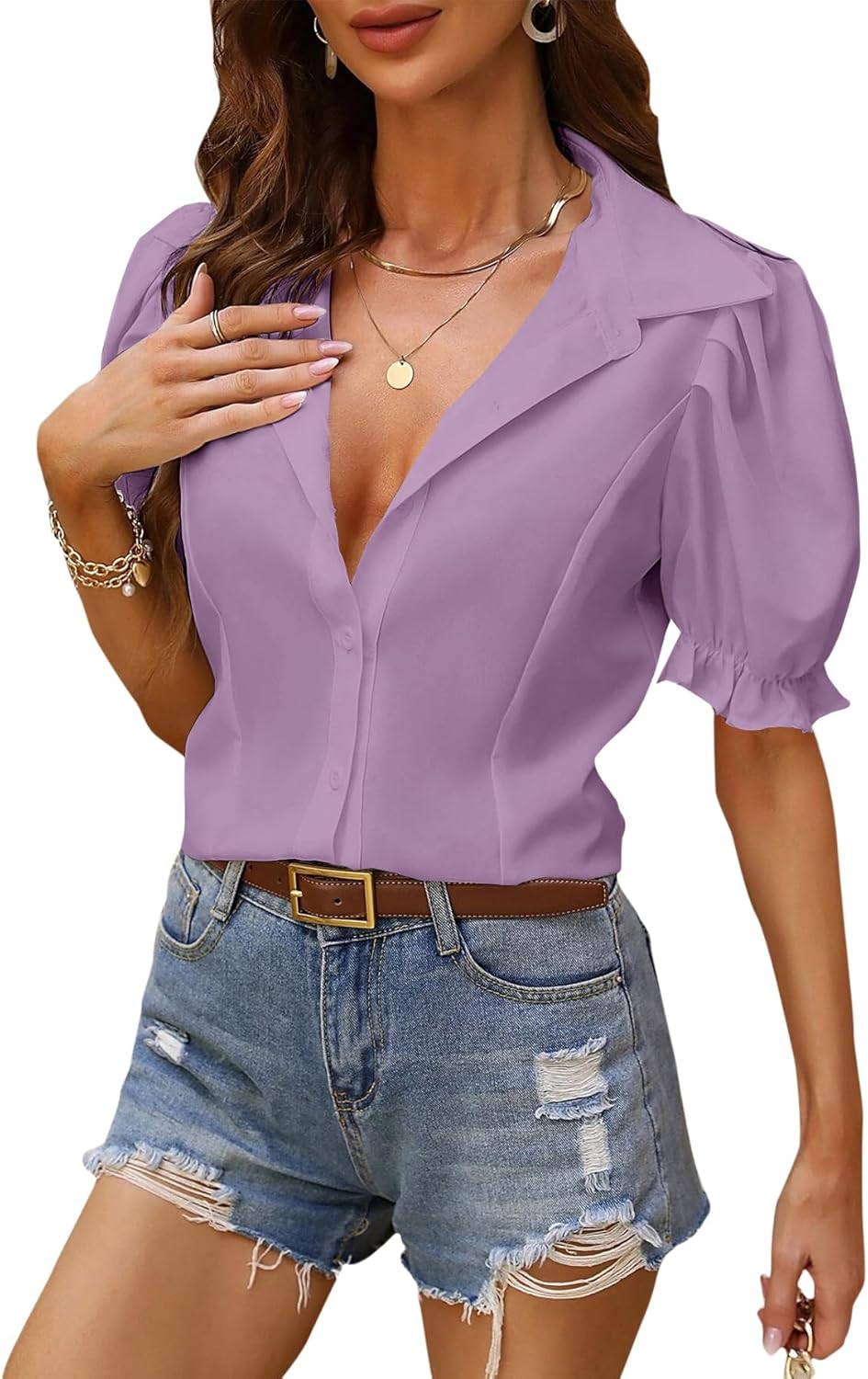 Vrtige レディース ボタンダウン カラー Vネック ラッフルパフ 半袖 ブラウス シャツ トップ