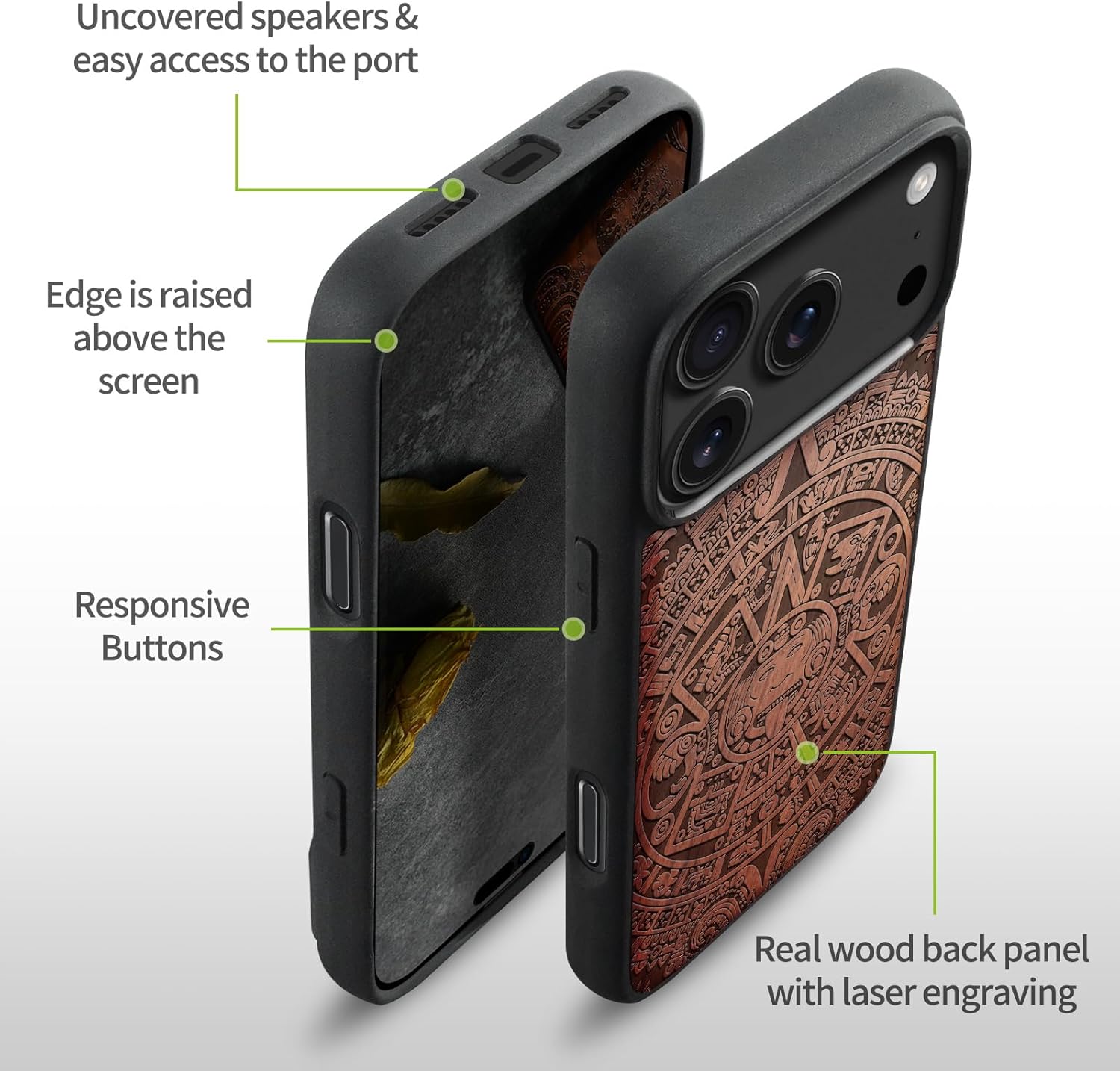 Carveit Magnetic Wooden Case for iPhone 17 Pro Case, Wood Artisan Engraved & Black Soft TPU Shockproof Cover, Compatible with MagSafe Wireless Chargers (The Maya Calendar) Rosy
