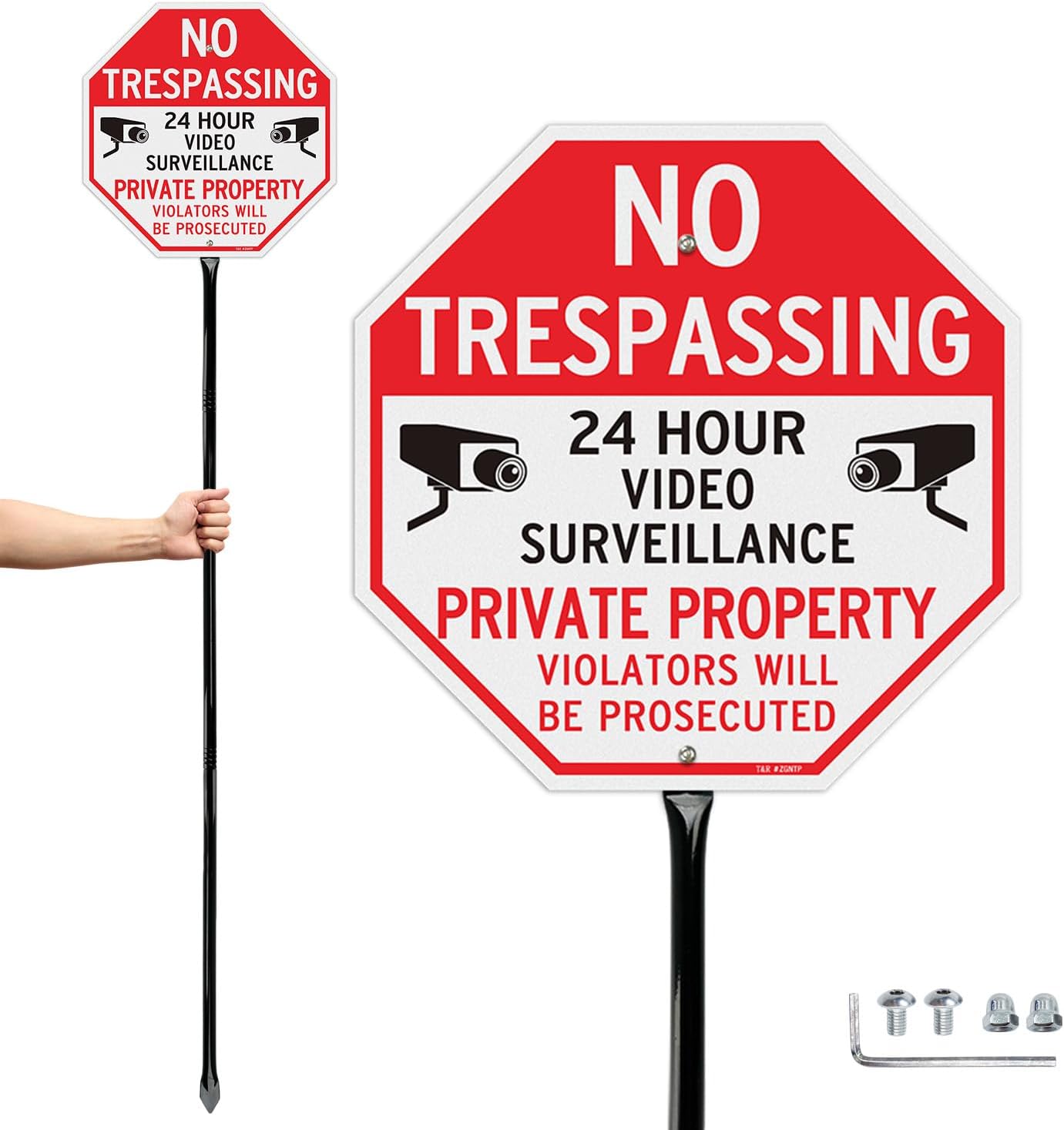 T&R Large No Trespassing Private Property Sign Video Surveillance Sign with 54" Stake - 2 Pack - 12"x12" .040 Rust Free Aluminum, Reflective, Waterproof and Fade Resistant, 2 pre-drilled holes, Includes Matching Screws & Wrench, Easy to Mount