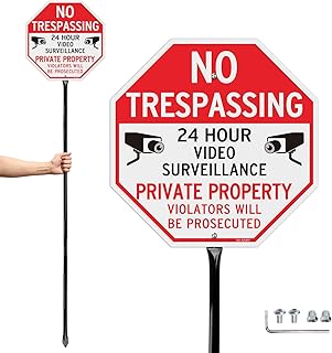 T&R Large No Trespassing Private Property Sign Video Surveillance Sign with 54" Stake - 12"x12" .040 Rust Free Aluminum, Reflective, Waterproof and Fade Resistant, 2 pre-drilled holes, Includes Matching Screws & Wrench, Easy to Mount