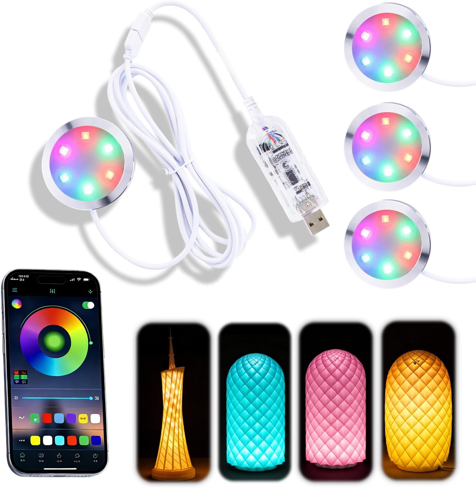 3Pack LED Lamp Kit 001 App Control for Bambu Lab 3D Printing, USB RGB LED Round Light with APP Cluster Control, DIY Lamp Making Kit for Craft Projects, Music Sync, 16M Colors, Memory Function