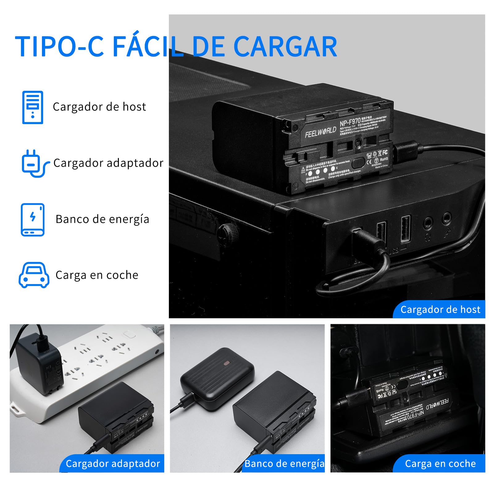 FEELWORLD 1 Pack Batería de Repuesto NP-F970 6600mAh para NP-F970 F960 F950 F770 F570 F550, USB-C Recargable rápido para luz LED, Monitor de cámara, transmisión inalámbrica