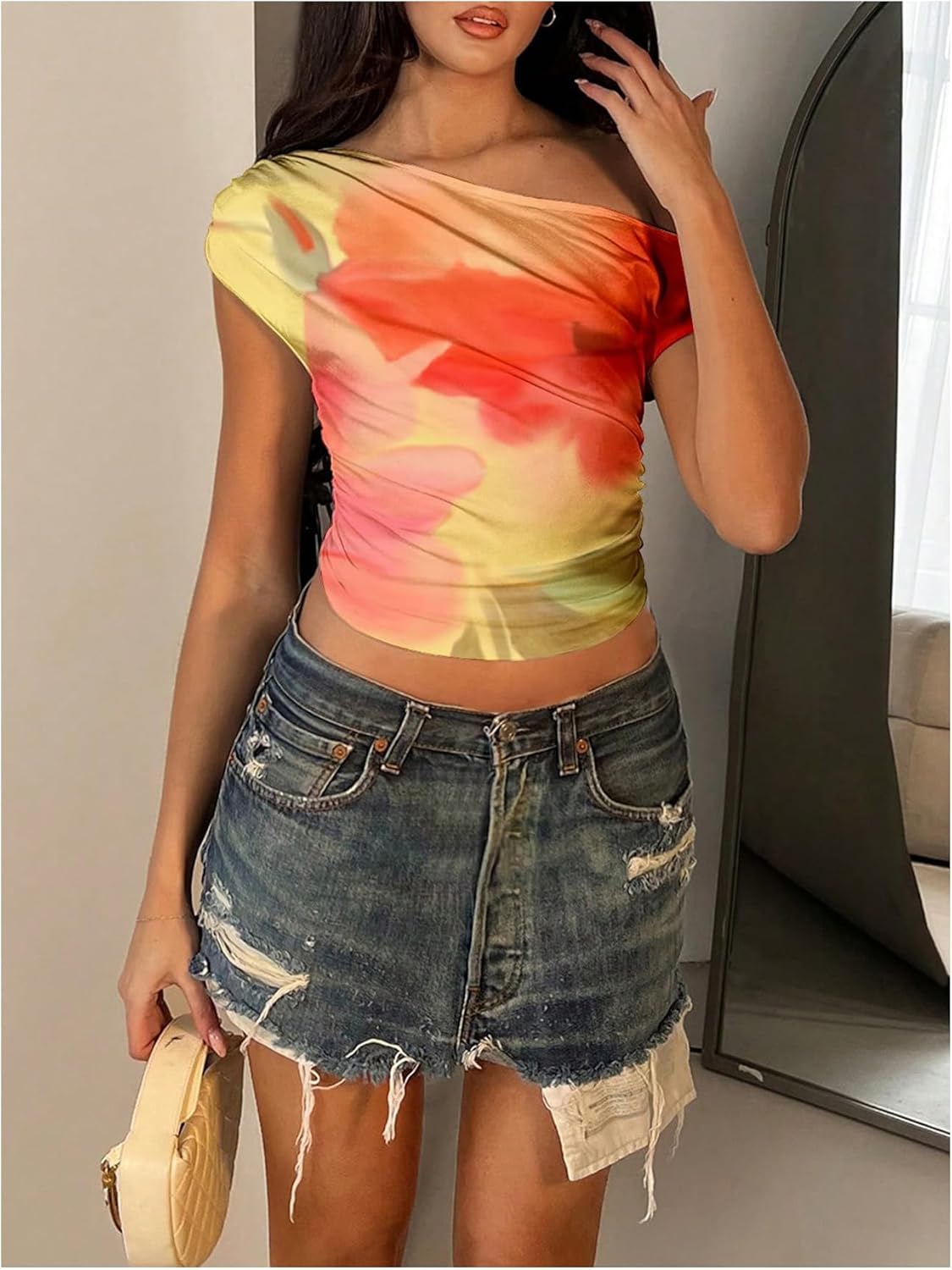 Milumia Women's Floral Off Shoulder Short Sleeve Crop Top Ruched Asymmetrical Tee Tops - Image 2