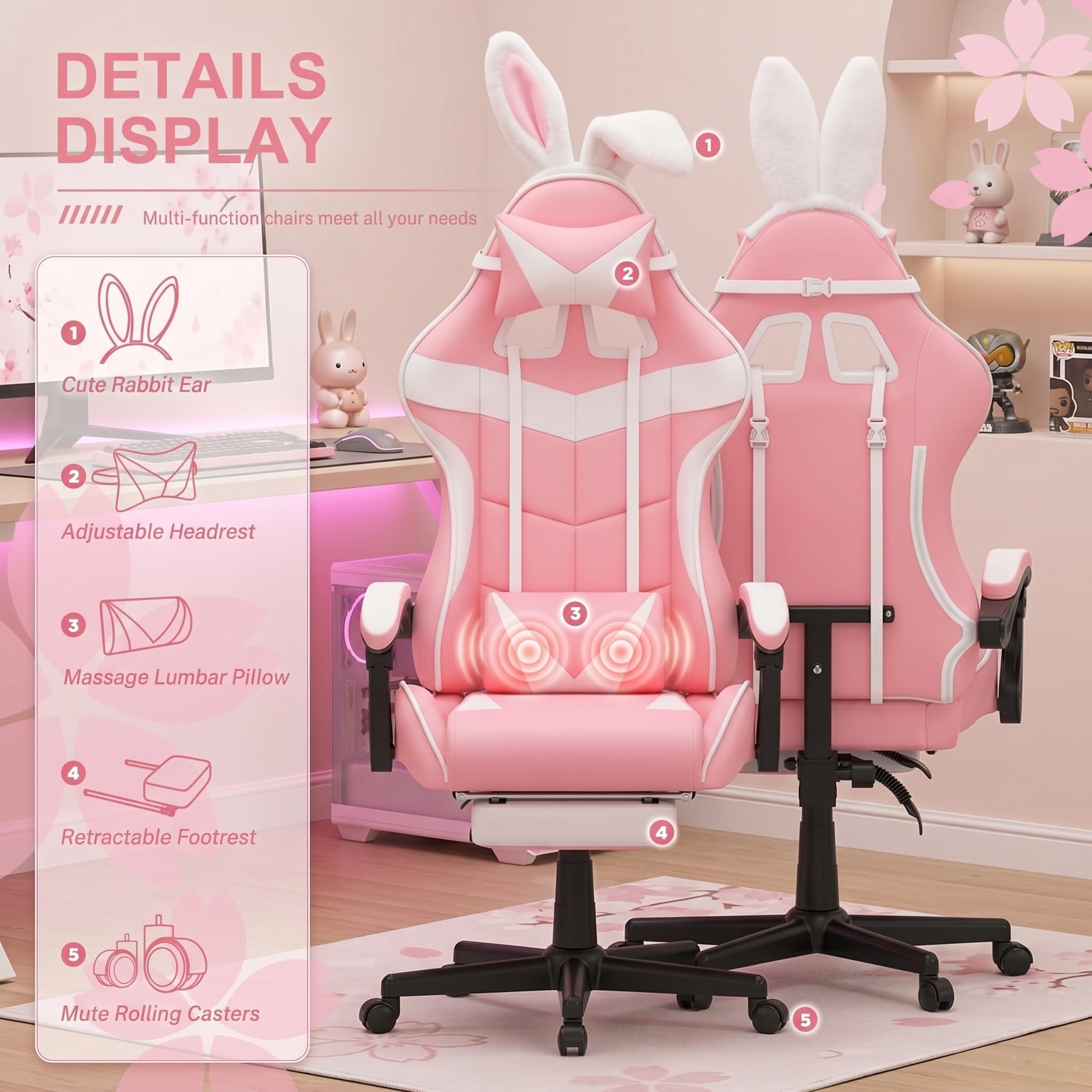 Huracan Sedia Gaming, Poltrona Gamer con Funzione Massaggio e Poggiapiedi, Sedia Gamer Ergonomica con Memory Foam e Rivestimento in PU, Altezza Regolabile, Schienale Reclinabile, Gaming Chair, Rosa