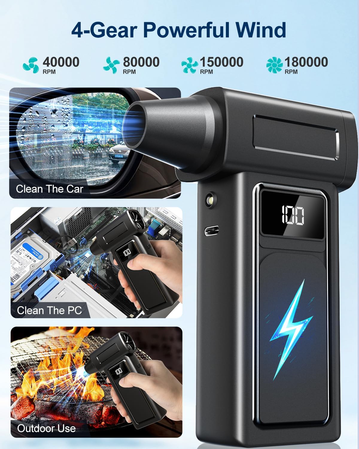 Compressed Electric Air Duster & Handheld Car Vacuum Cleaner 2-in-1-10000mAh Battery 180000RPM 4-Speed echargeable Air Blower for Car Cleaning, Home, Keyboard, PC, LED Light