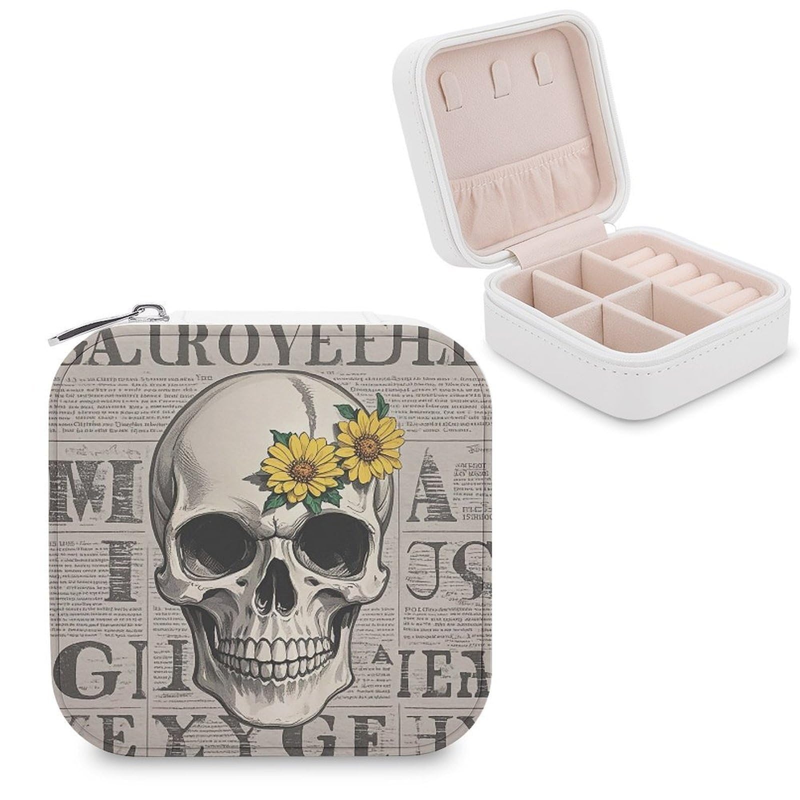 LZQPOEAS Flower Skull Jewelry Box Mini Jewelry Travel Case Trendy Stuff Ring Box Custom PU Leather Jewelry Boxes Portable Jewelry Case Earring Storage Organizer for Girls Women