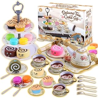 Cheffun Tea Set for Little Girls - Party Pretend Play Kitchen Set with Sweet Princess Accessories Plastic Tea Cups Dishes Play Food Macaroons Cake Set Stands Play Set for Toddlers Kids Ages 3 4 5 6 7+