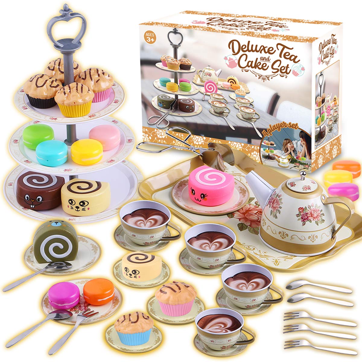 CheffunTea Set for Little Girls - Tea Party Pretend Play Kitchen Set Sweet Princess Accessories Plastic Tea Cups Dishes Play Food Macaroons Cake Set Stands Play Set for Toddlers Kids Ages 3 4 5 6 7+