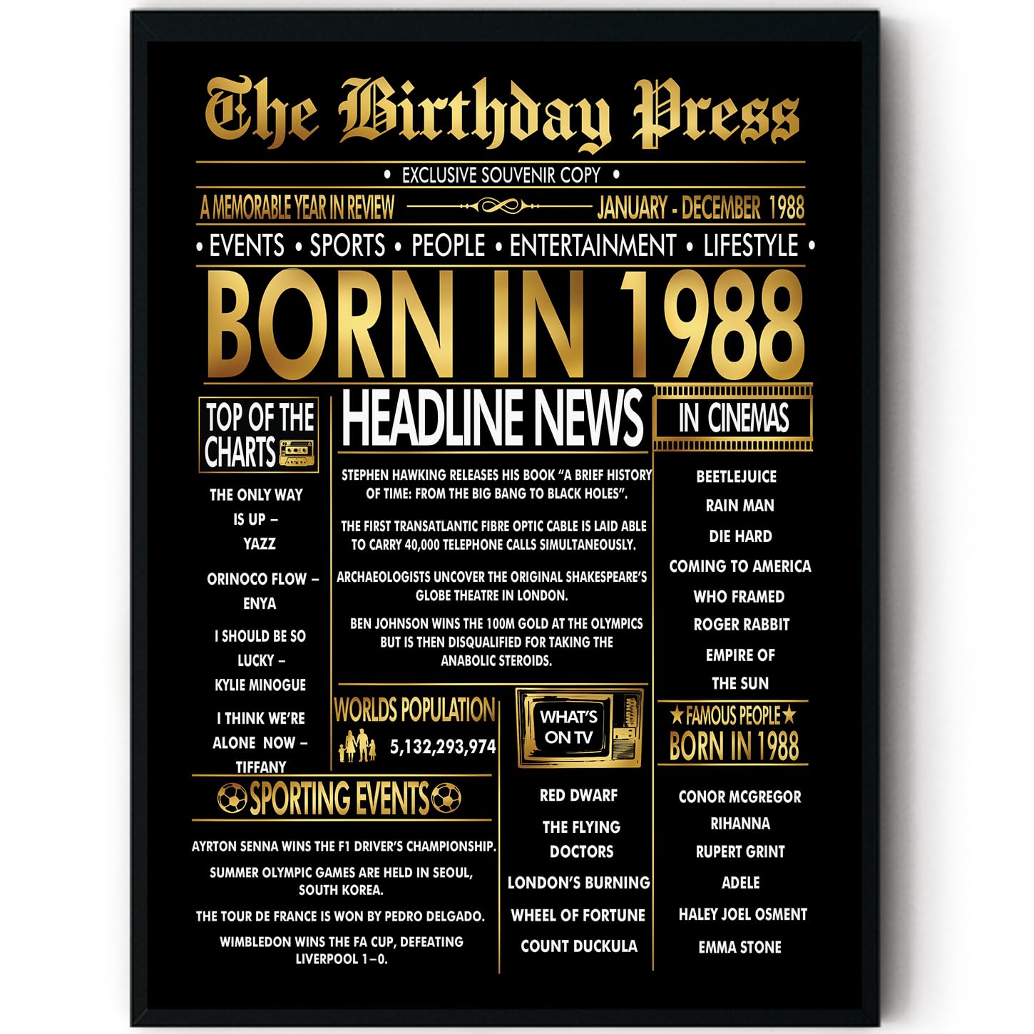 Stuff4 Gold 38th Birthday Poster Framed, Golden Born In 1988 Newspaper