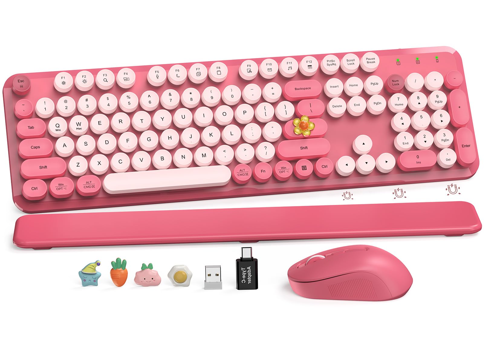 Wireless Keyboard and Mouse Combo, Cute Hot Pink Full-Size Retro Typewriter Keyboard with Round Keycaps, Magnetic Wrist Rest, Tilt Legs, 2.4GHz Cordless for Mac, Windows PC, Laptop, SABLUTE CK23