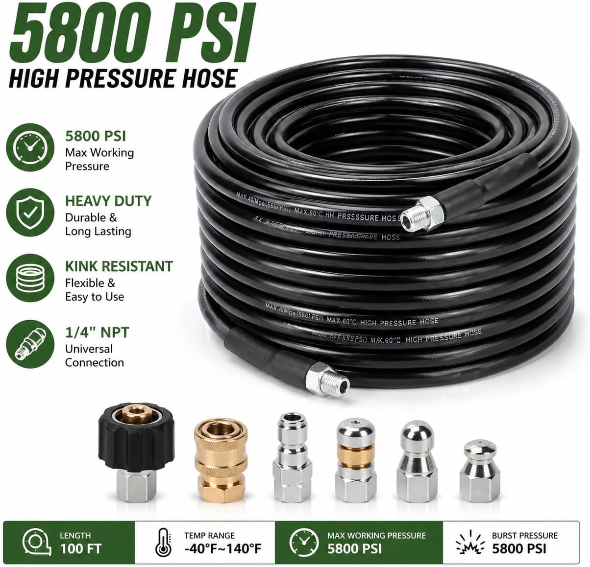 Sewer Jetter Kit for Pressure Washer, 100FT Drain Cleaning Hose with Corner Rotating and Button Nose Nozzles, 1/4" NPT Sewer Jet Nozzle Set with Spanner, Tape, Pins, 5800 PSI