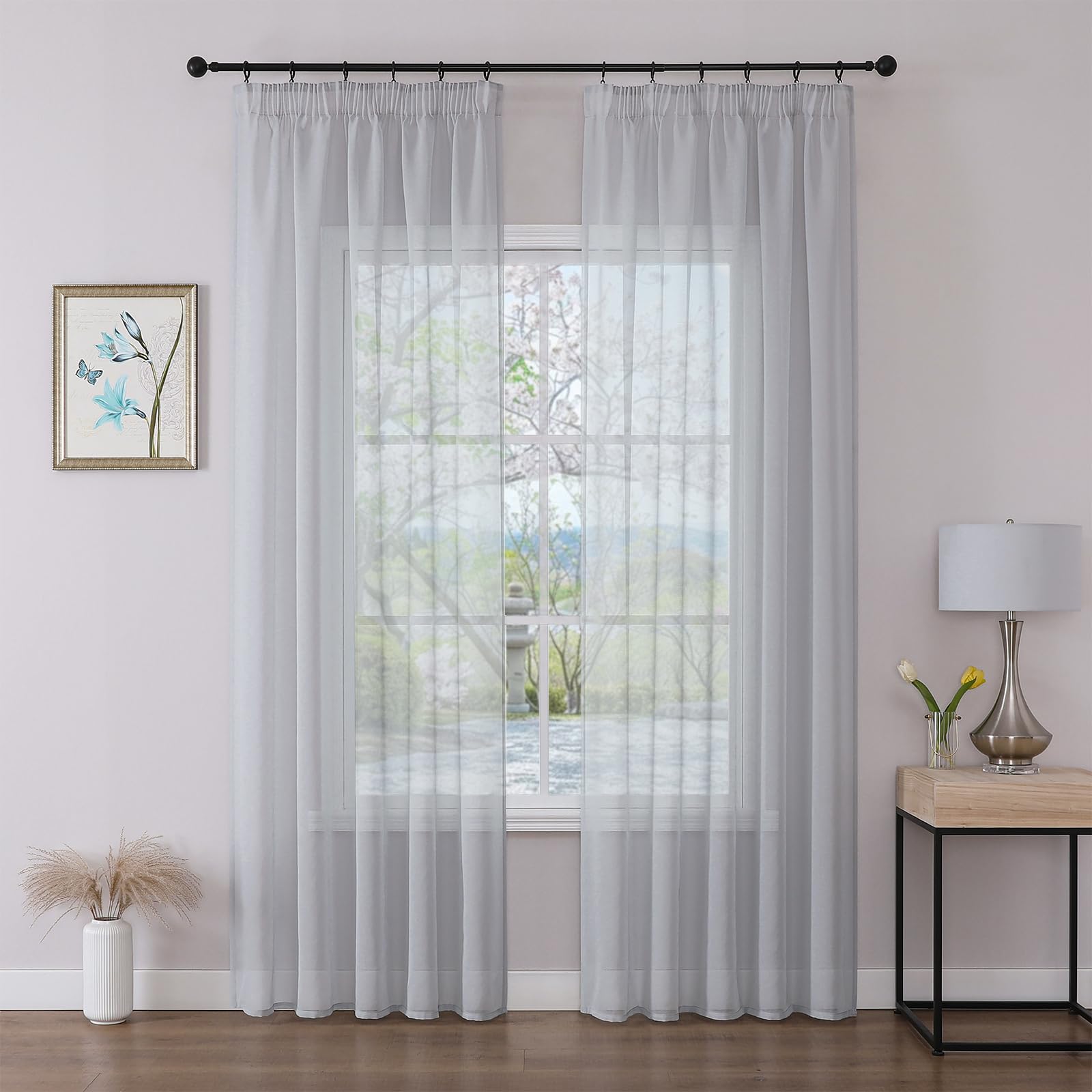 Joydeco 2er Set H245 x B140 cm Graublaue Transparent Vorhang Schiene Gardinen mit Kräuselband Durchlässig Curtains Lang Vorhänge für Schienensystem Modern