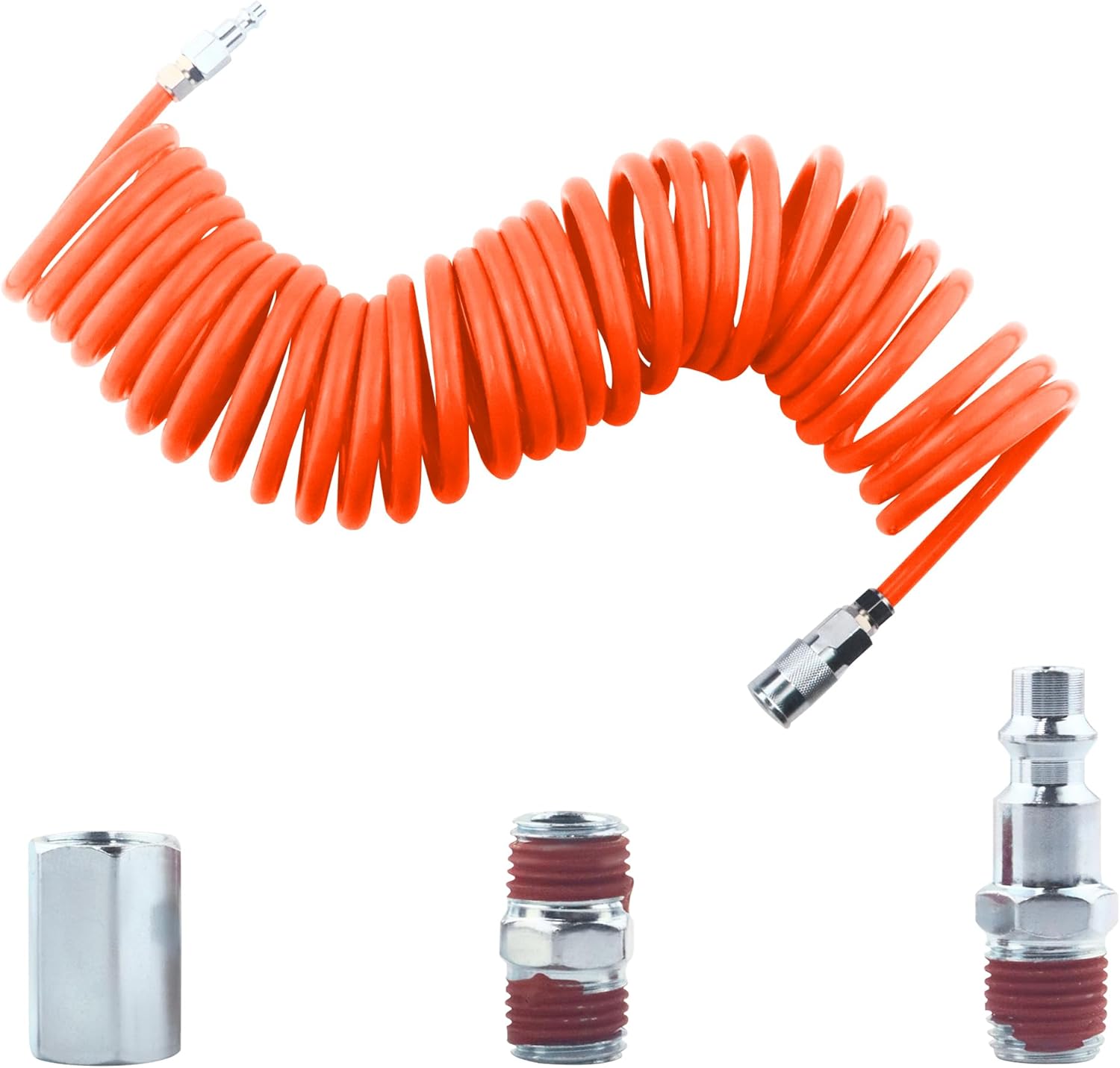 1/4 in x 30 ft Polyurethane Recoil Air Hose with Bend Restrictors, Compressor Hose with 1/4” Quick Coupler and Plug（Orange）