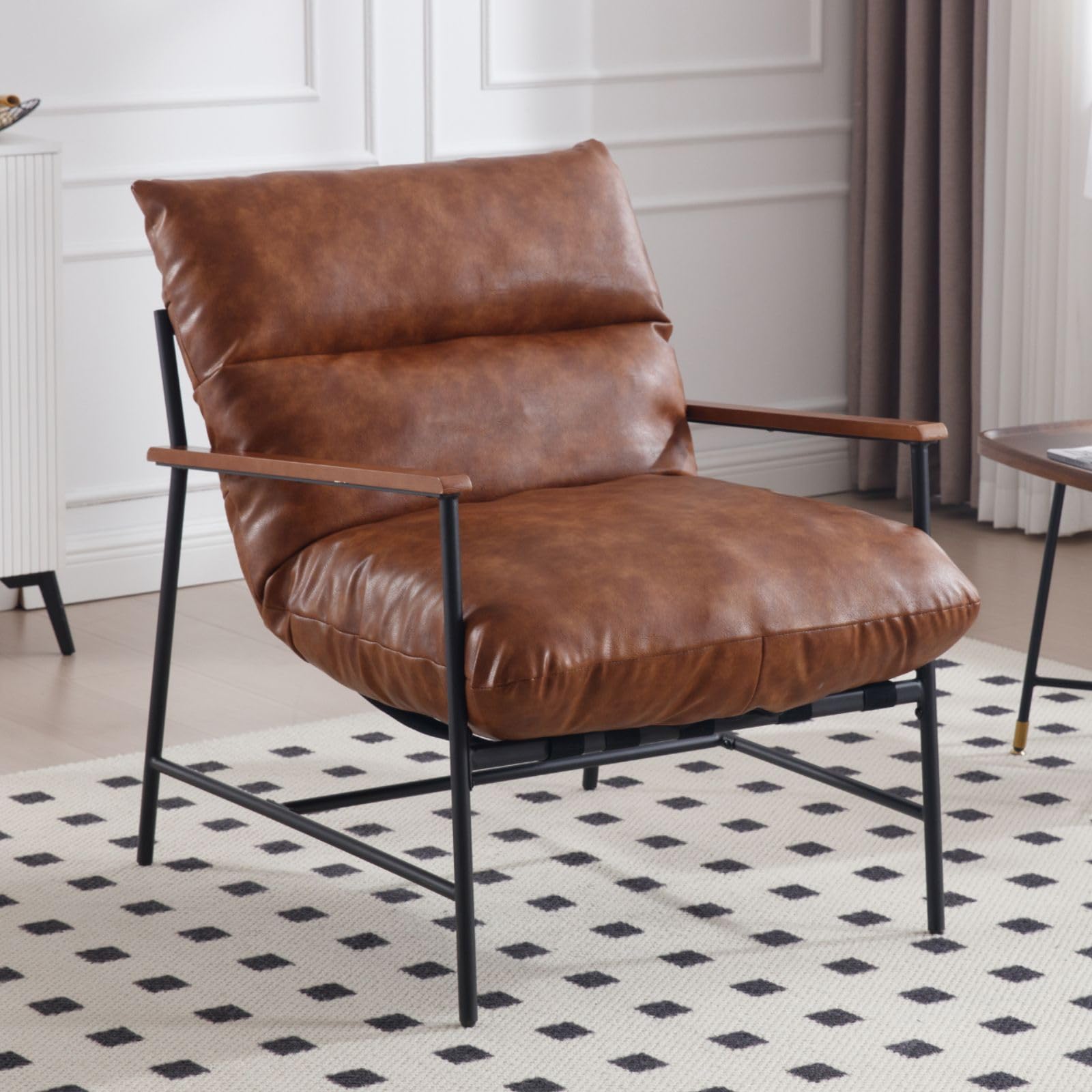 Wahson Butaca Sillón de PU Cuero Moderno Silla de Salón con Reposabrazos Madera,Silla Individual de Ocio Sencilla para Dormitorio/Apartamento,Marrón