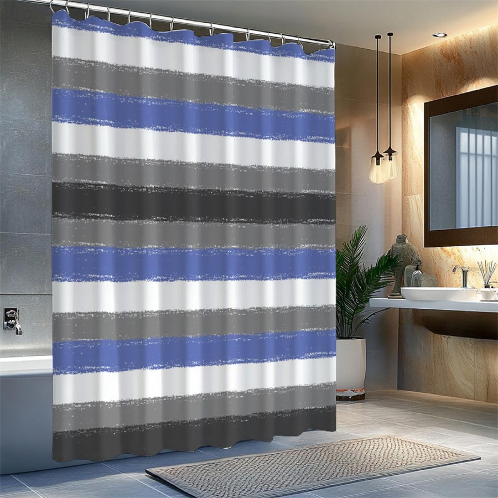 Duschvorhang mit horizontalen strukturierten Streifen in Weiß, Grau und Blau, modernes Design, stilvolle Badezimmerdekoration, 175x220cm