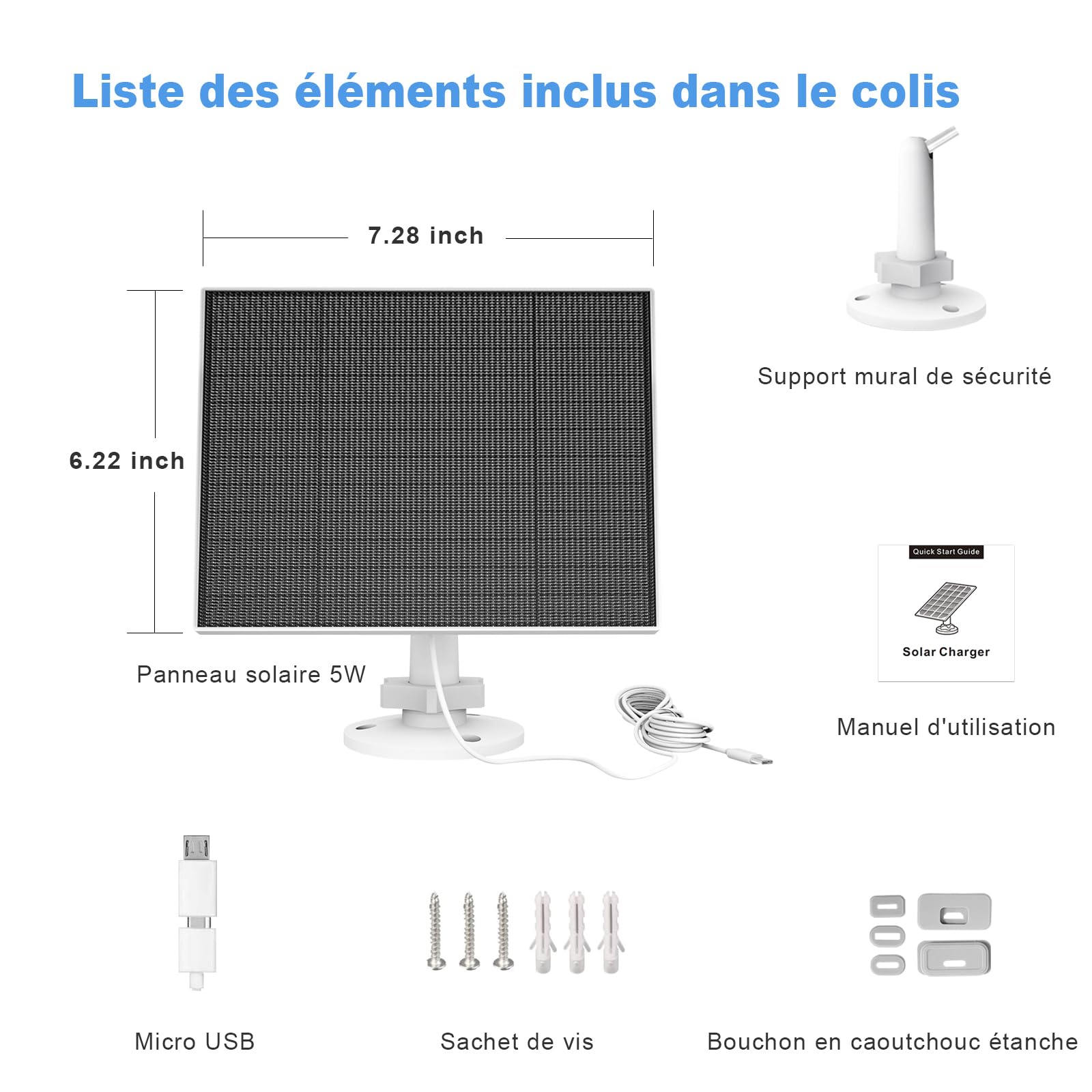 Panneau Solaire pour Caméra Extérieure Eufy, Compatible avec Eufycam, Alimentation Continue, Panneau Solaire avec Câble de Chargement 9.8ft, Etanche IP65, Support Mural Ajustable
