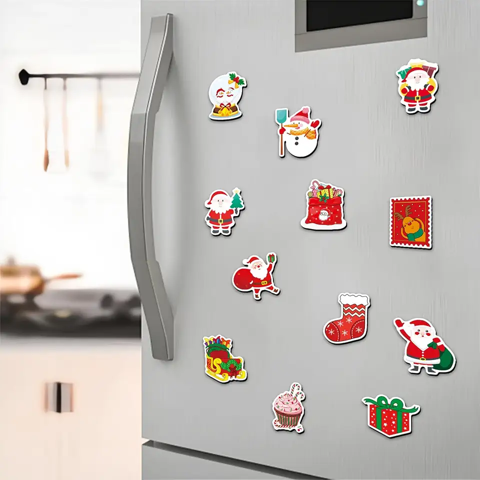 Imã de geladeira Feliz Natal Papai Noel, Papai Noel 2026 com saco de presente, decoração de Natal, ímã de geladeira festivo para árvore de Natal e decoração de casa