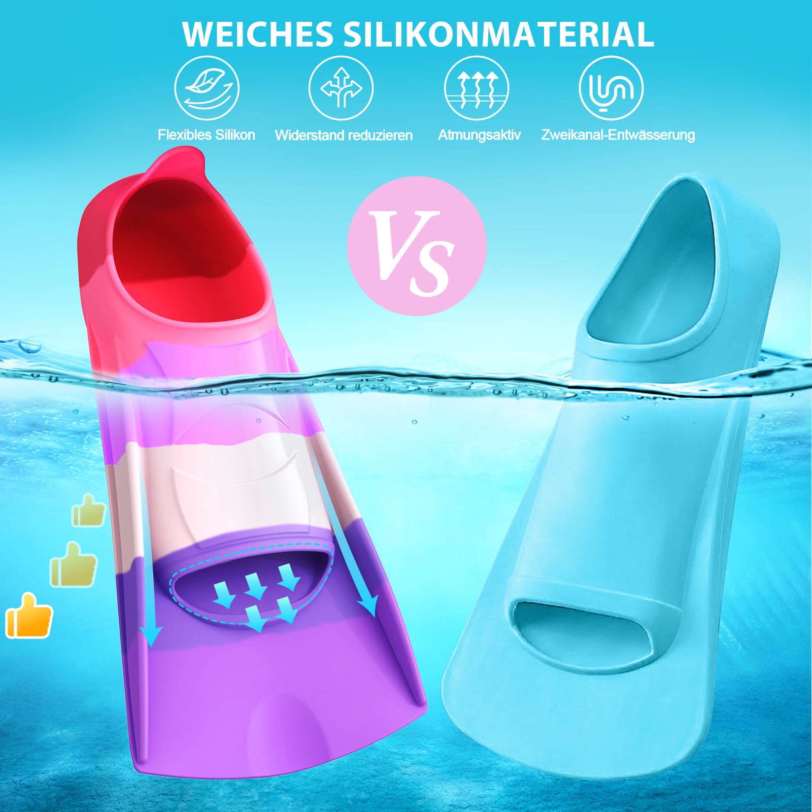 QcoQce Palmes de natation pour enfants, 100 % silicone, palmes courtes pour la plongée avec tuba, la plongée, l'entraînement et les vacances, dans une taille de voyage pratique avec sac en filet pour