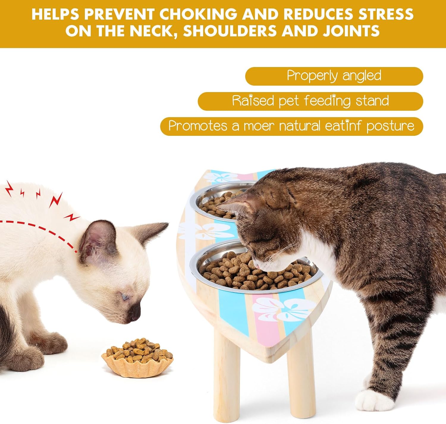 Elevated Puppy Bowls Raised Cat Bowl Holder, 17" x 4.3" Stand Sturdy Surfboard Pet Feeder with Two Detachable Stainless Steel Bowls Suitable for Cats Kittens Puppies