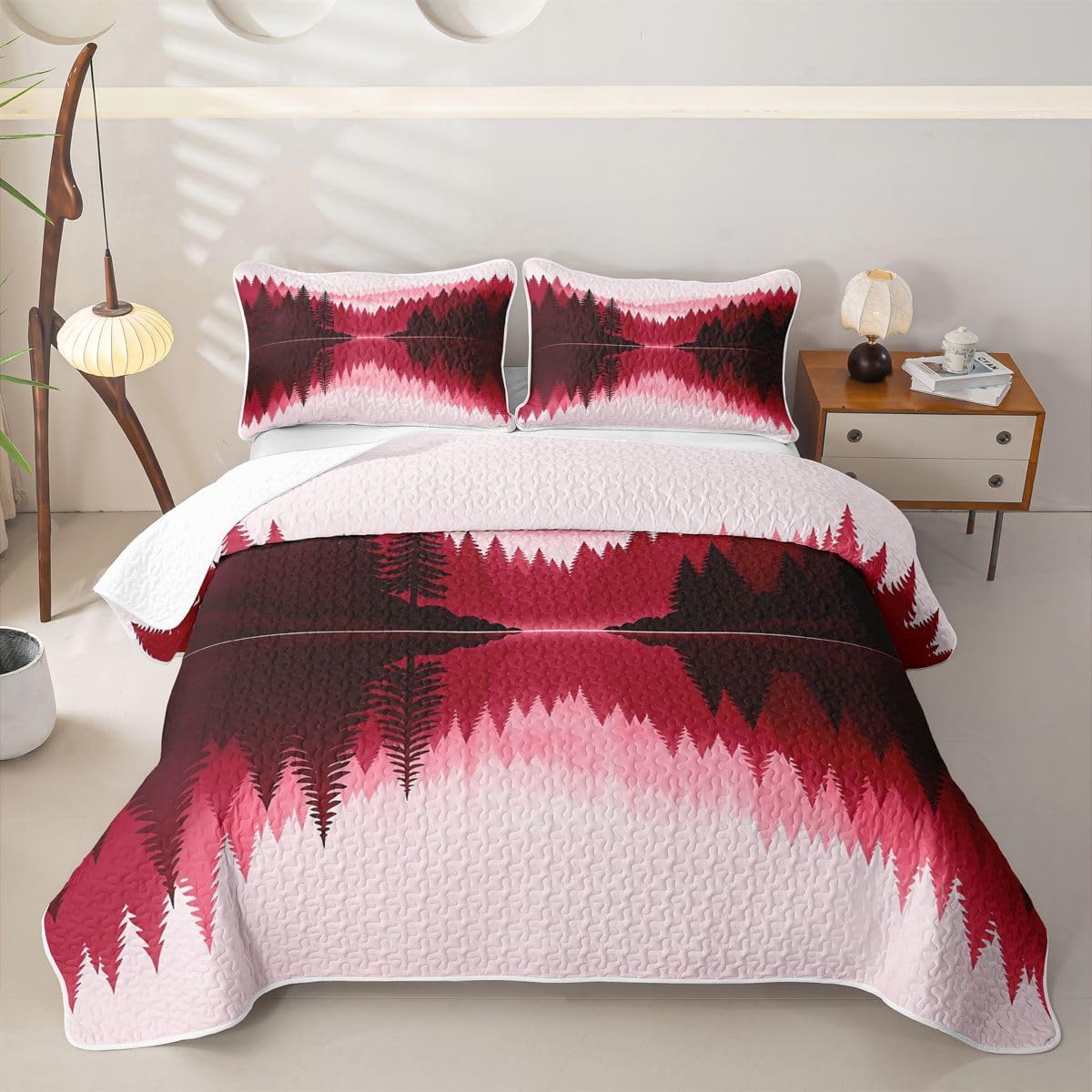 Erosebridal Nature Wood Landscape Quilt Set Smooth Lake Water Quilt Queen Size Kids Boys Girls Trees Coverlet Blue Pine Tree Quilted Bedspread with 2 Pillowcases