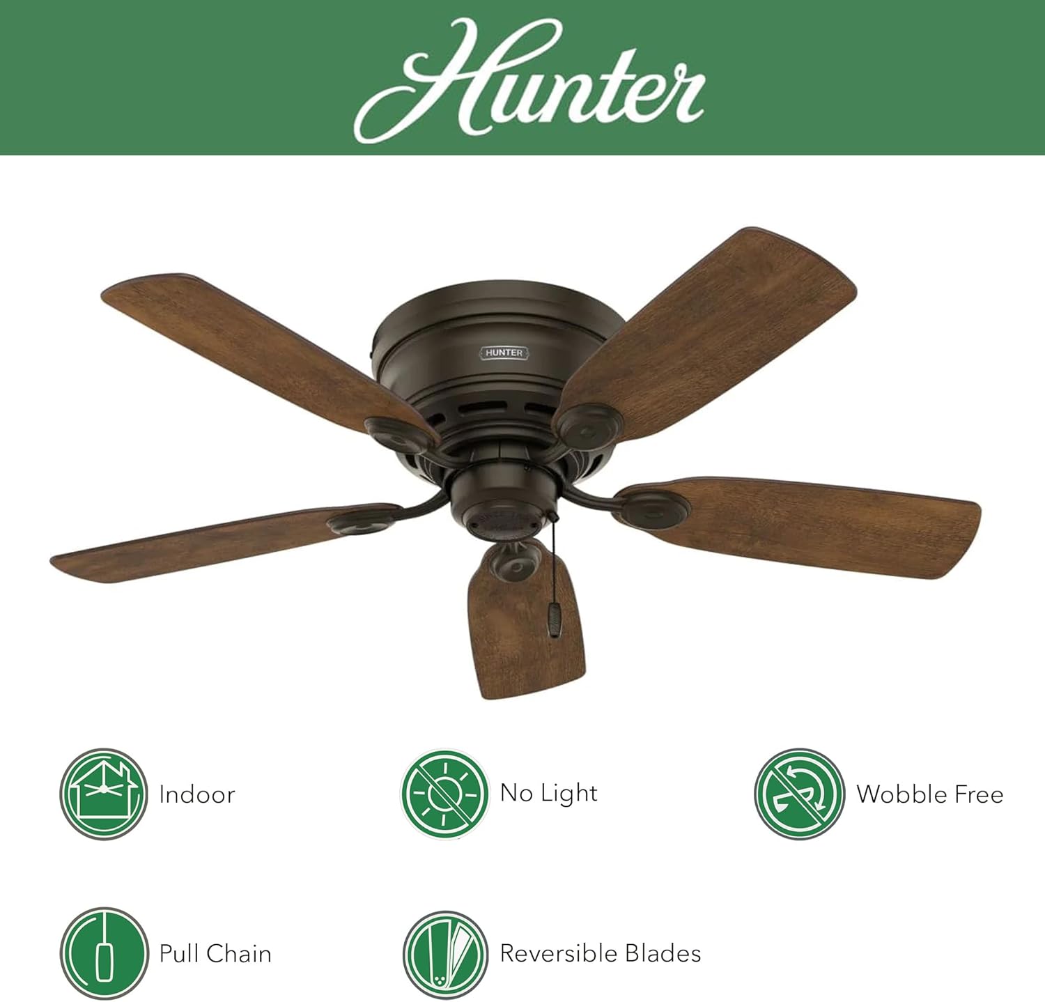 Hunter Fan 42in New Bronze Finish Low Profile Ceiling Fan with Reversible Weathered Oak / Wine Country Blades (Renewed)