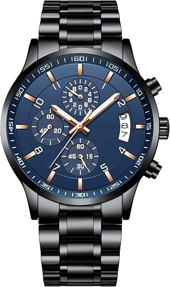 Men Fashion Stainless Steel Watch Date Waterproof Chronograph Wristwatch Stainless Steel Band Gift Box Black Rose