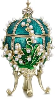 Hand Painted Enamel Pearl Flower Faberge Egg Trinket Box, Unique Hinged Floral Jewelry Box Organizer, Vintage Bejeweled Storage, Figurine Collectible Keepsake Home Decor (Green)