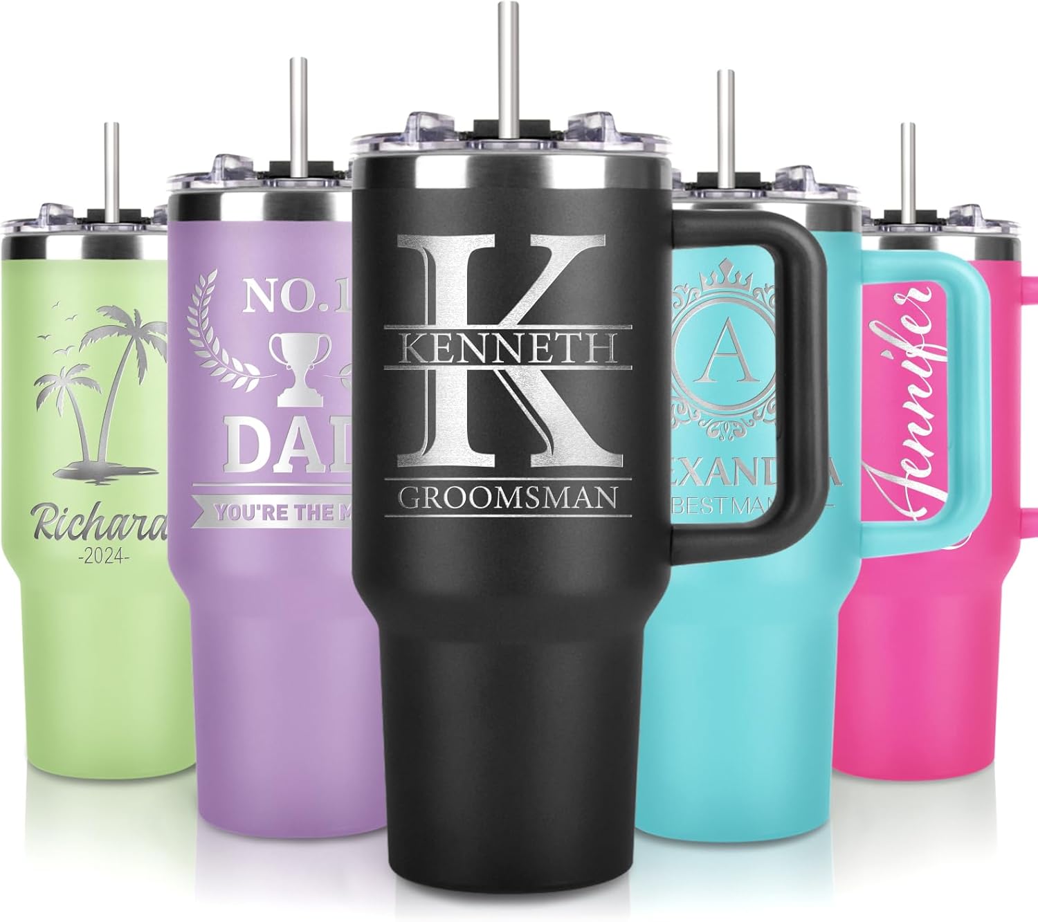 Personalized 40 oz Tumbler with Handle and Straw Lid, Custom Stainless Steel Water Bottles Travel Mug with Names, Personalized Fathers Birthday Christmas Gifts for Dad Men Friend(40oz engrave)