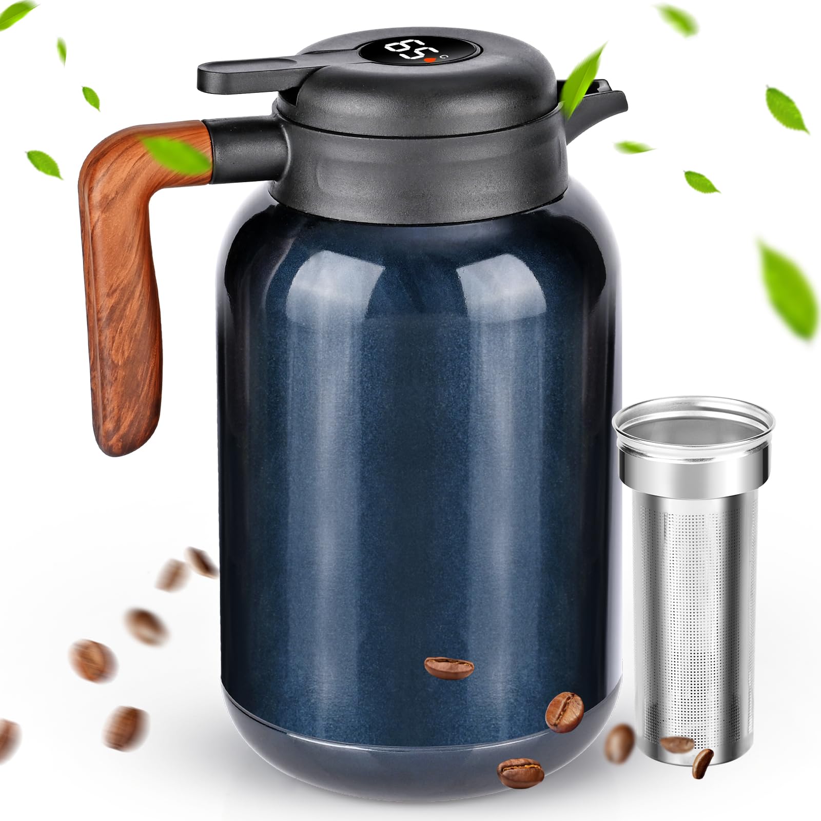 Dreamhigh® Thermos 2 l con colino da tè, thermos con indicatore di temperatura, caffettiera ben sigillata (senza perdite, nessuna goccia), per caffè, tè e latte