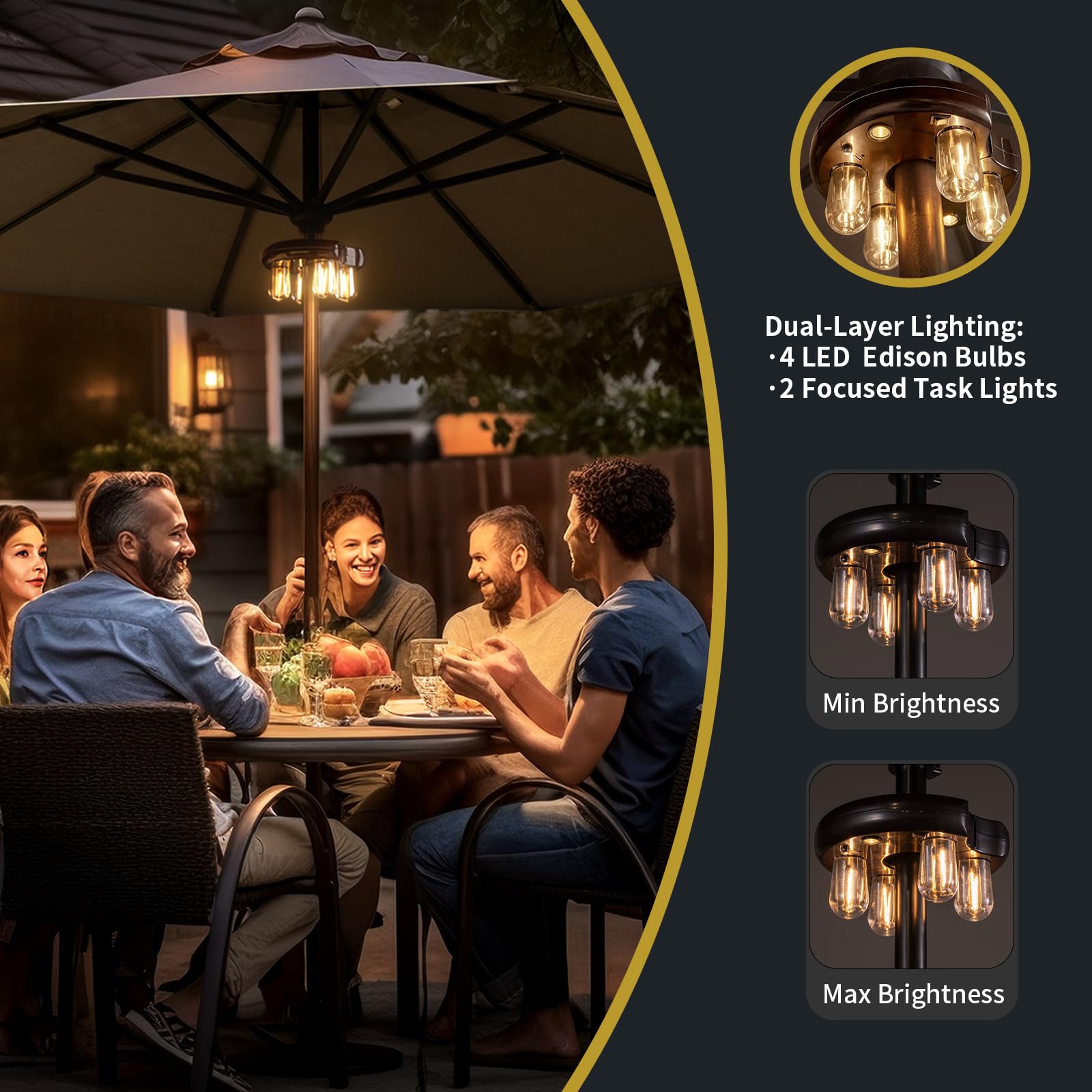 Luce per ombrellone da patio con telecomando, ricaricabile senza fili, luce per palo con lampadine LED Edison a 10 livelli di luminosità per giardino, patio, cortile, campeggio o barbecue