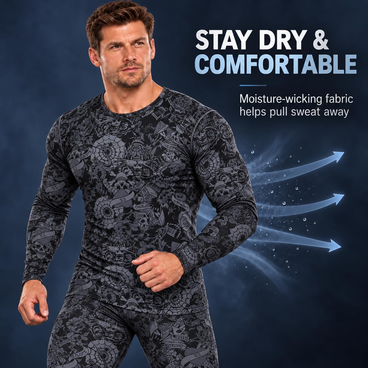 ED HARDY 2 Piece Mens Thermal Underwear Set Graphic Fleece Lined Long Underwear Mens Base Layer Shirt Long Johns