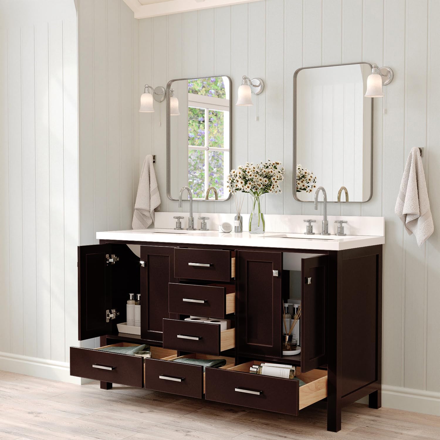 ARIEL Cambridge 60-inch Bathroom Vanity with Sink,Solid Wood, 1.5-inch Pure White Quartz Countertop, Double Rectangular Porcelain Sink, 4 Soft Closing Doors, 6 Dovetail Drawers, Espresso