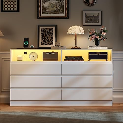 Miniatura 6 de Cómoda con cajón para dormitorio con toma de corriente, cómoda negra con luz LED, cómoda para armario, armario organizador de aparadores de madera