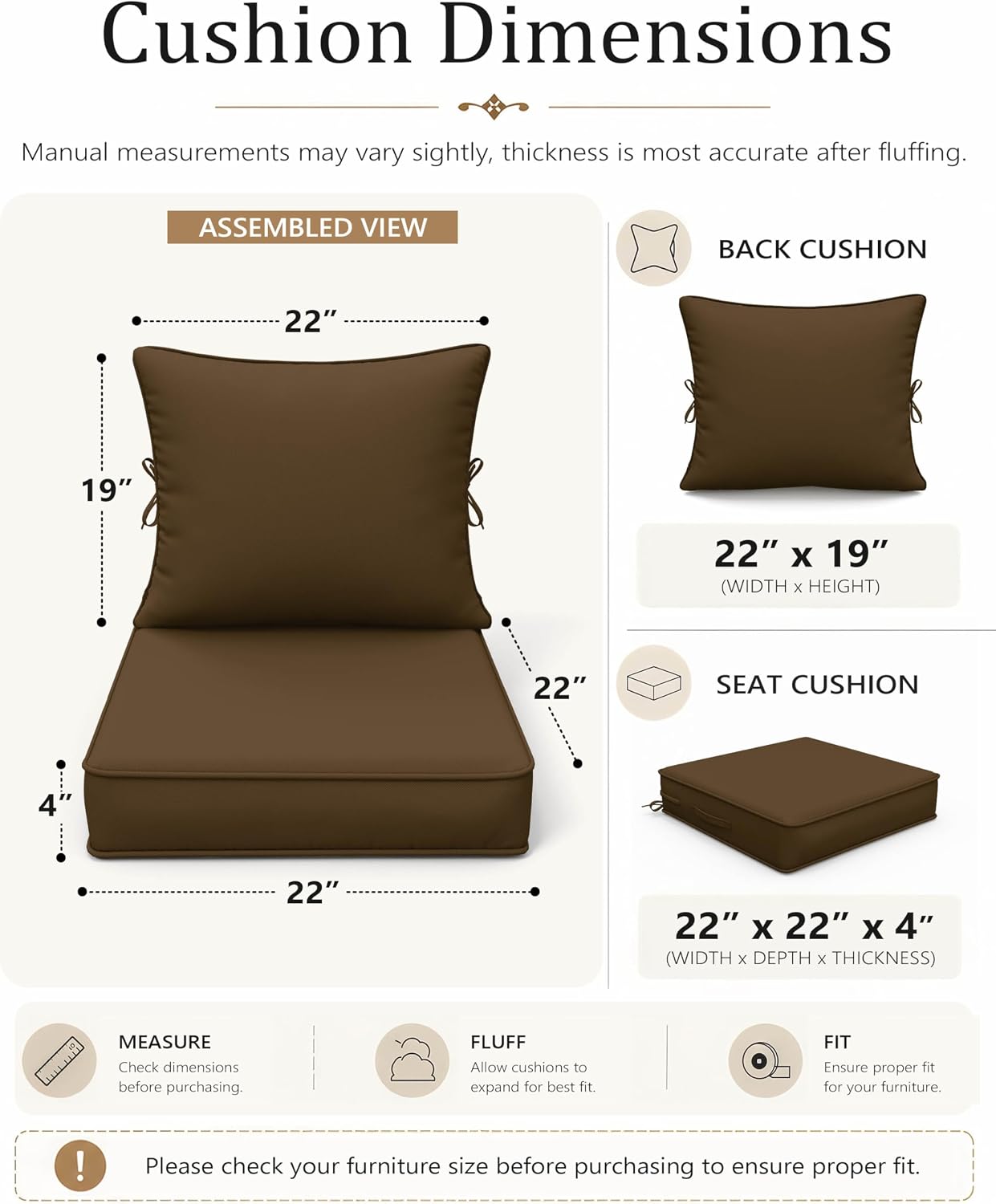 2 Pieces Outdoor Patio Chair Cushions Set 22 L X 22 W X 4 H Waterproof & Fade Resistant Deep Seat and Back Cushions with Removable Covers Outdoor Seat Cushion Set for Chairs and Sofas