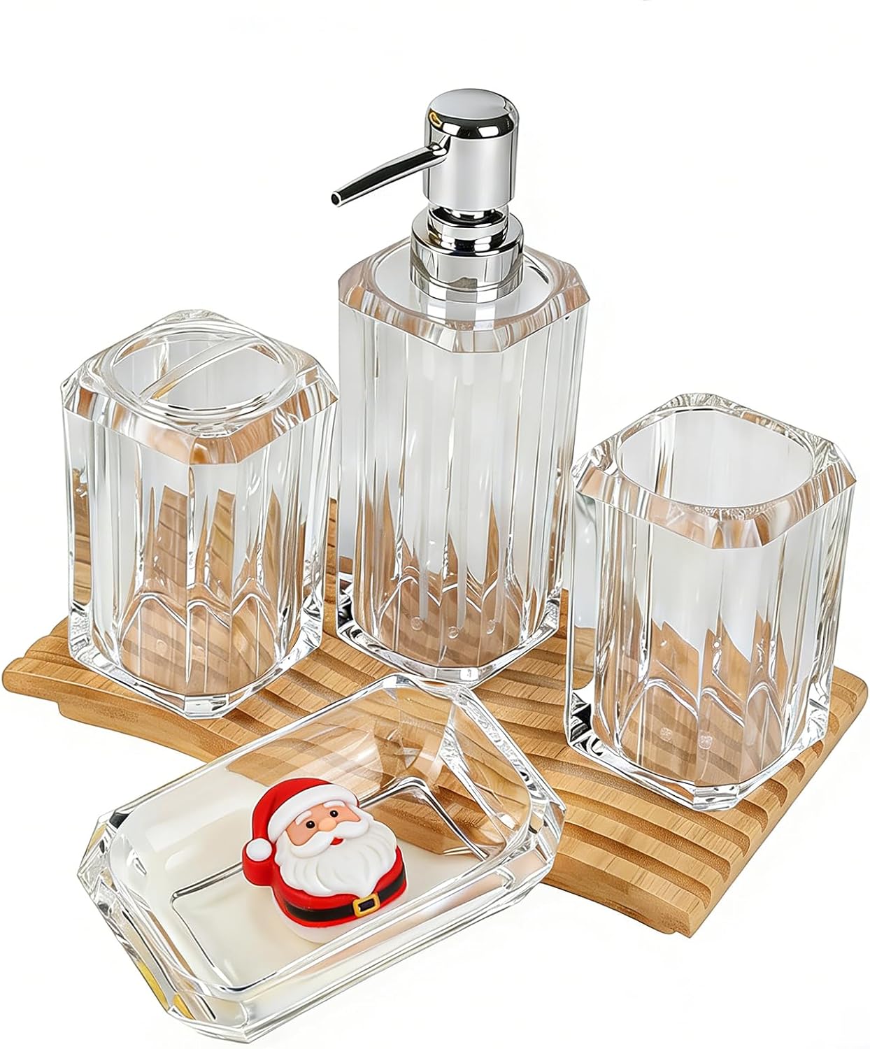 4-Piece Crystal Clear Bathroom Accessories Set — Soap Dispenser, Soap Dish, Mouthwash Cup & Toothbrush Holder, Transparent Acrylic Vanity Organizer, Fits Any Fixture Color or Style