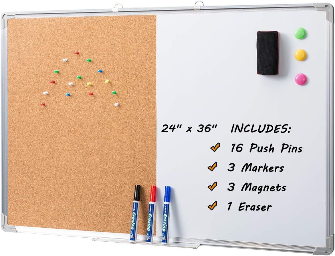 Marble Field 36" x 24" Magnetic Whiteboard & Cork Board Combo Board Set, Wall Mounted Notice Bulletin Board Dry Erase/Cork Board Combination with Aluminum Frame