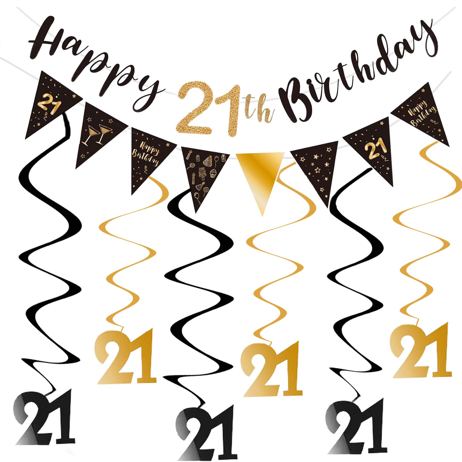Plusupon 21st Happy Birthday Banner, Black and Gold Birthday Decoration for Boys Girls, 21st Party Decor with Bunting Flag, Triangle Flag, Hanging Swirls for Party Decoration