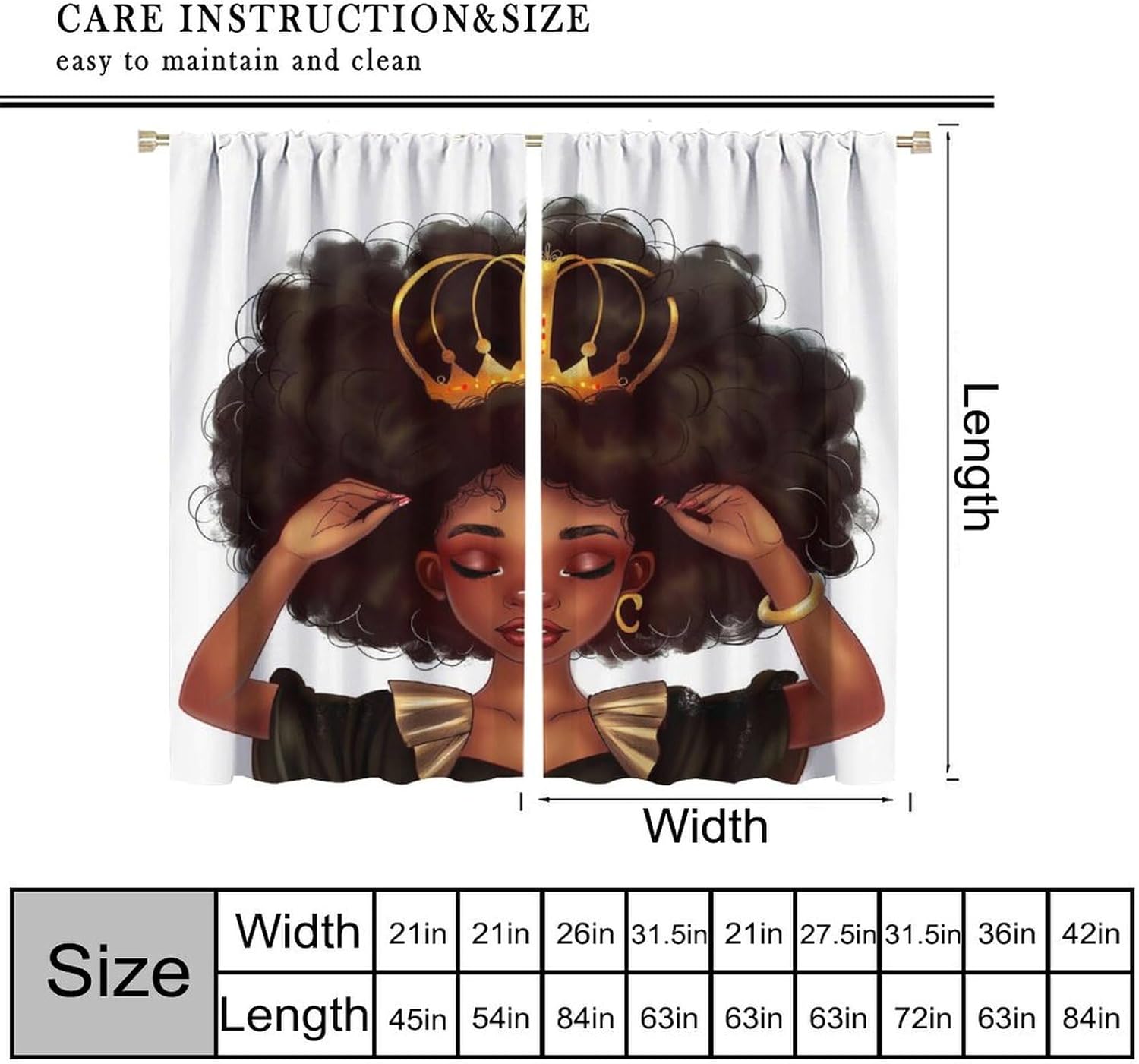 Black Girl Blackout Curtains, African American Women Girl with Gold crown Tapestries Black Queen Princess Wall Hanging Wall Windows Treatments Rod Pocket Drapes For Kids Living Room Bedroom 84x84in