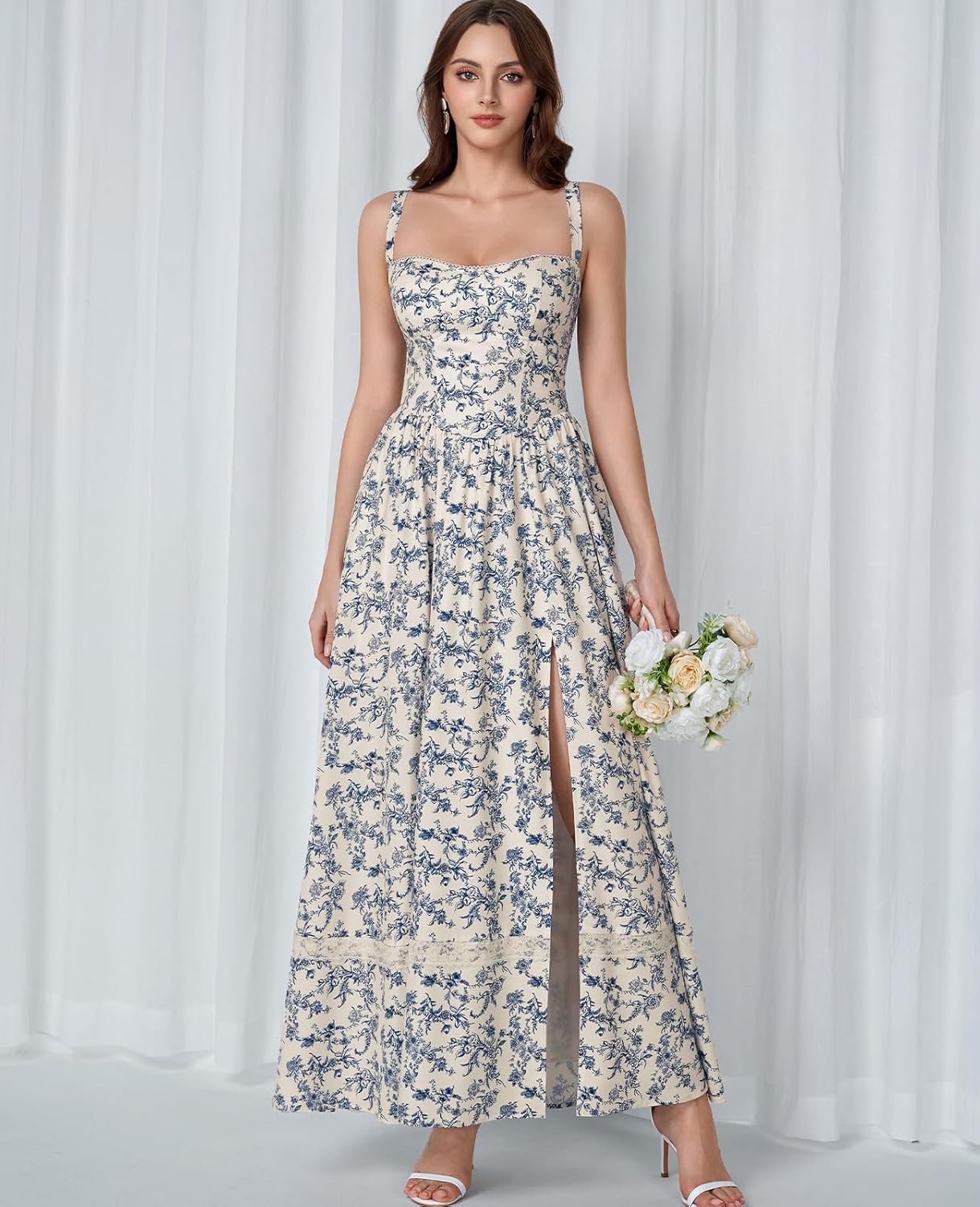 GLNEGE Floral Corset Wedding Guest Maxi Dress Summer Spring Flowy A Line Slit Tea Party Sundress for Women with Pockets