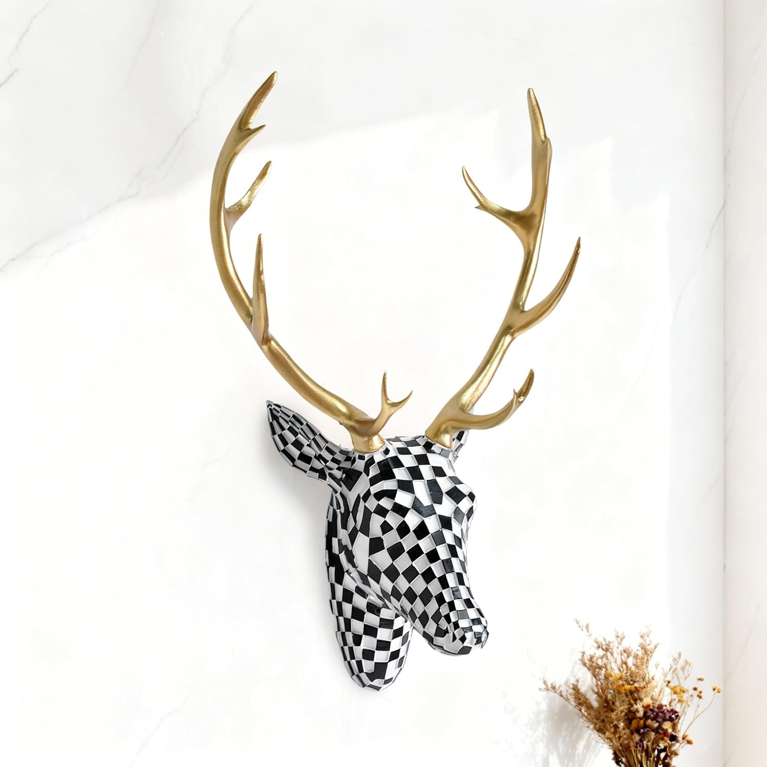 ASLASL Black And White Checkered Deer Head Wall Decor,Faux Resin Animal Head Wall Sculpture, Modern Antler Art Wall Hanging, Decorative Deer Head for Living Room, Bedroom, Office (Black)