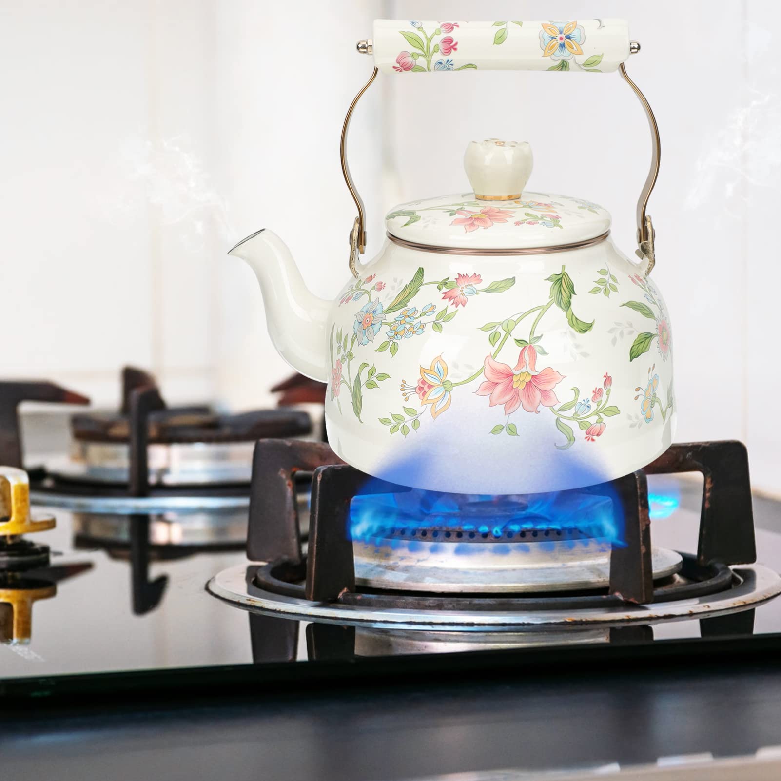 Bouilloire à Thé Vintage En émail - Motif Floral - 2,5 L - Poignée Froide - Compatible Toutes Plaques (induction, Gaz, électrique) - 8