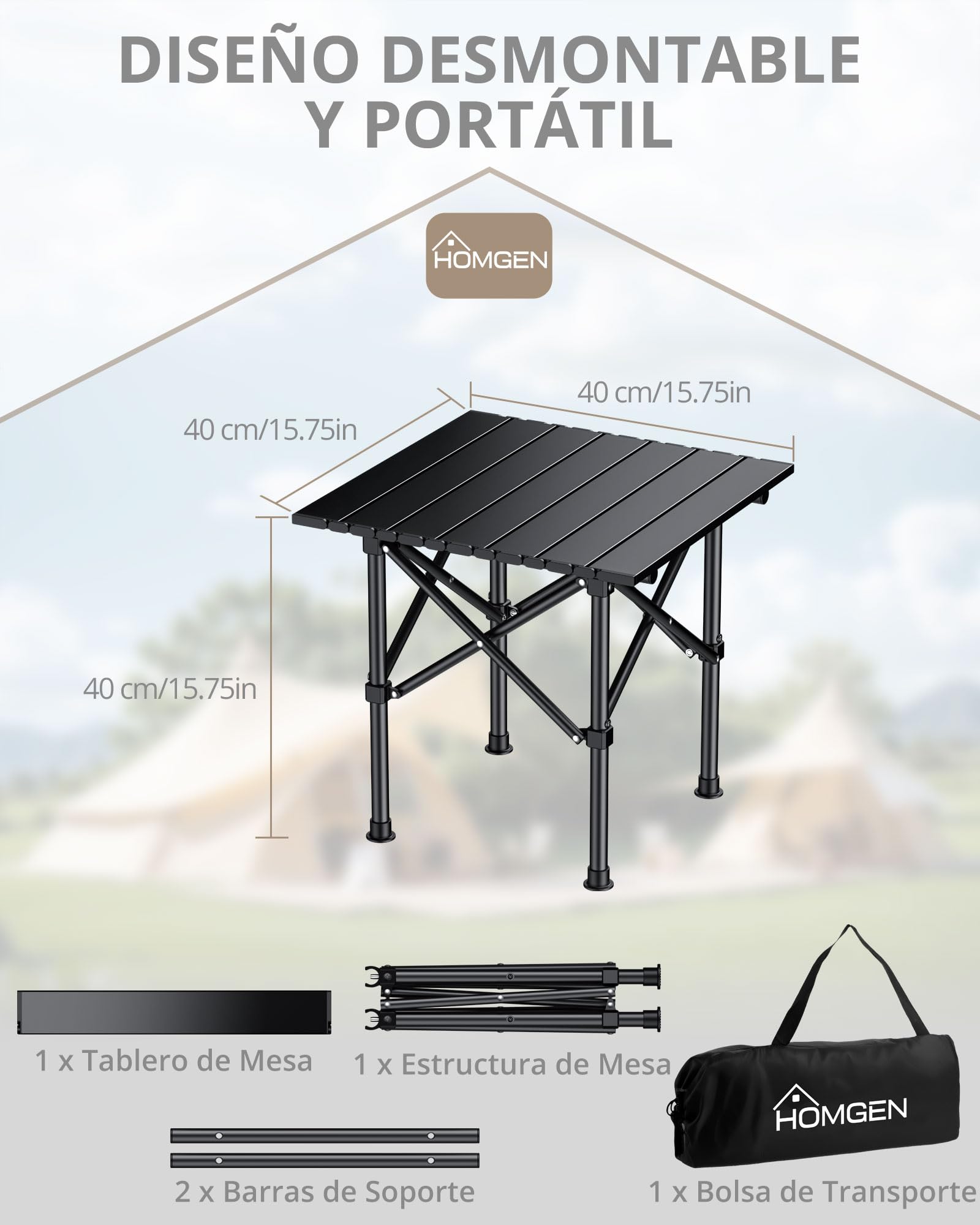 HOMGEN Mesa Plegable Camping Estable y Resistente Mesas Plegables Portátiles Ligera y Compacta Mesa Jardin Exterior 40x40cm Altura 40cm con Bolsa de Transporte para Picnic Playa y Camping