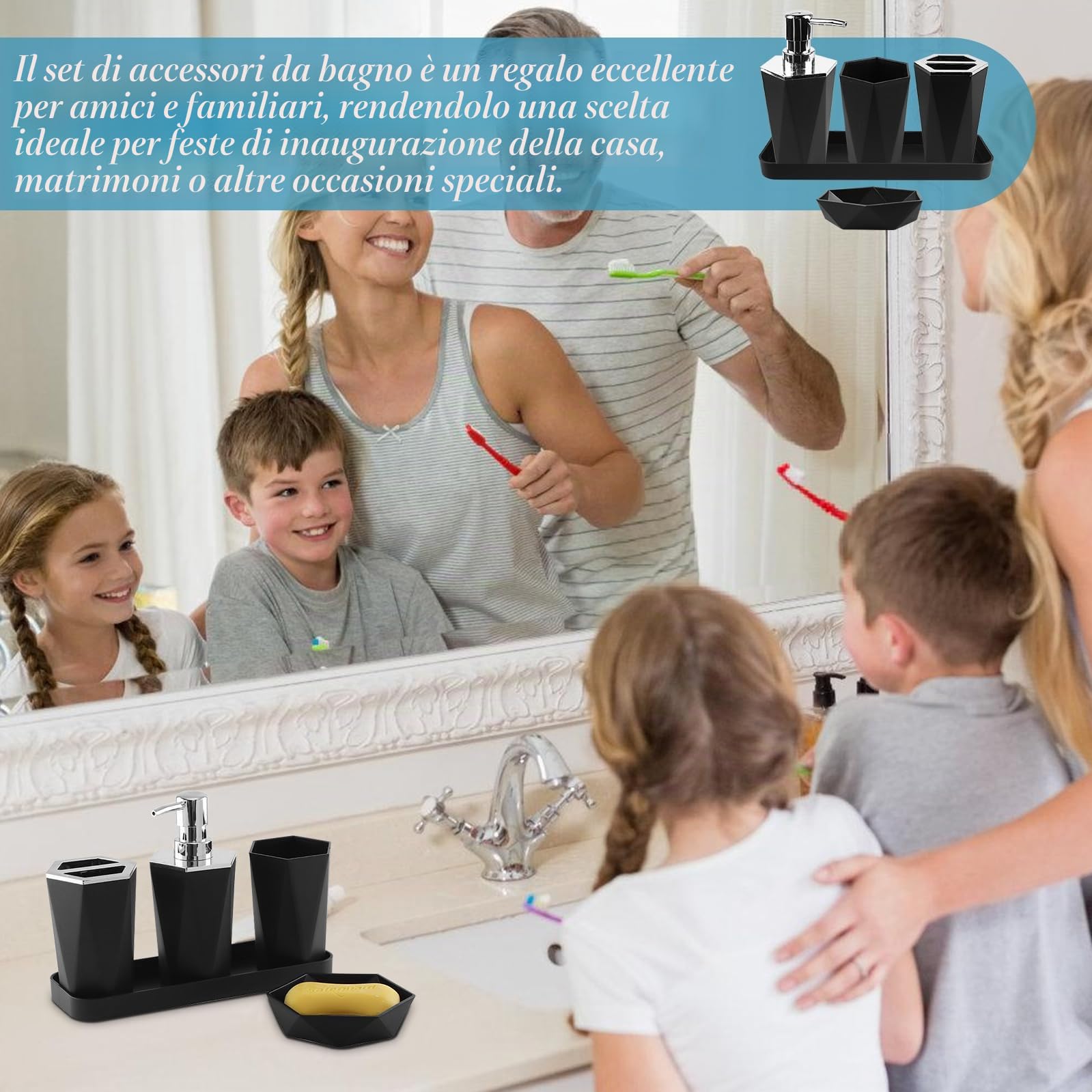 Set di 5 accessori da bagno, set di accessori da bagno in plastica con bicchiere per spazzolino, porta spazzolino, portapenne, portasapone, accessori da bagno, set regalo (nero)