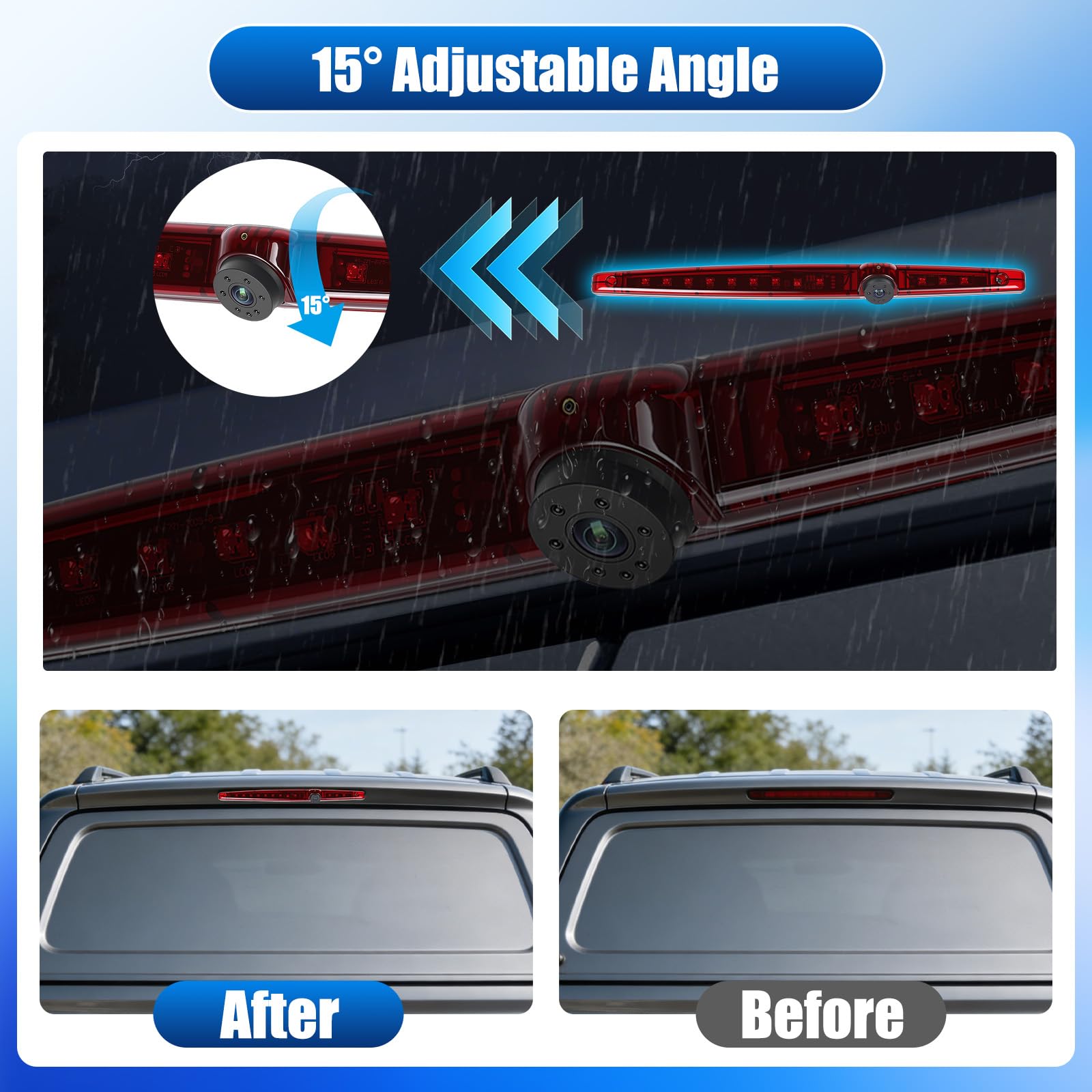 Telecamera Posteriore per Universal Flat Rear Door Models, Telecamere Posteriori con Terza luce di stop, Visione Notturna, Impermeabile IP67, Angolo Regolabile, con Linea di retromarcia