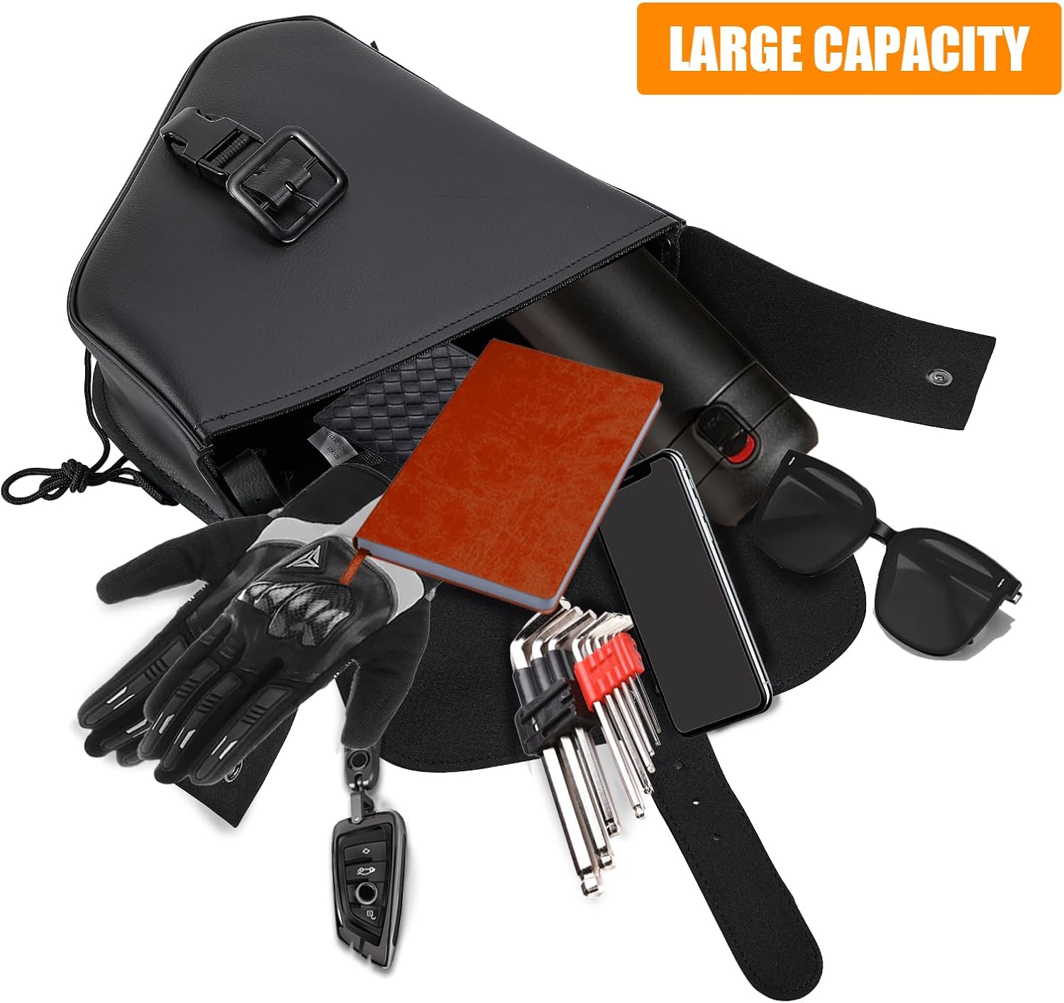 Motorcycle Saddle Bags Synthetic Leather Motorcycle Solo Swing Arm Bag For Softails Sportsters Choppers Waterproof Side Bags (Left Side, Black-Single Buckle, 11.5" x 10.25" x 3.9")