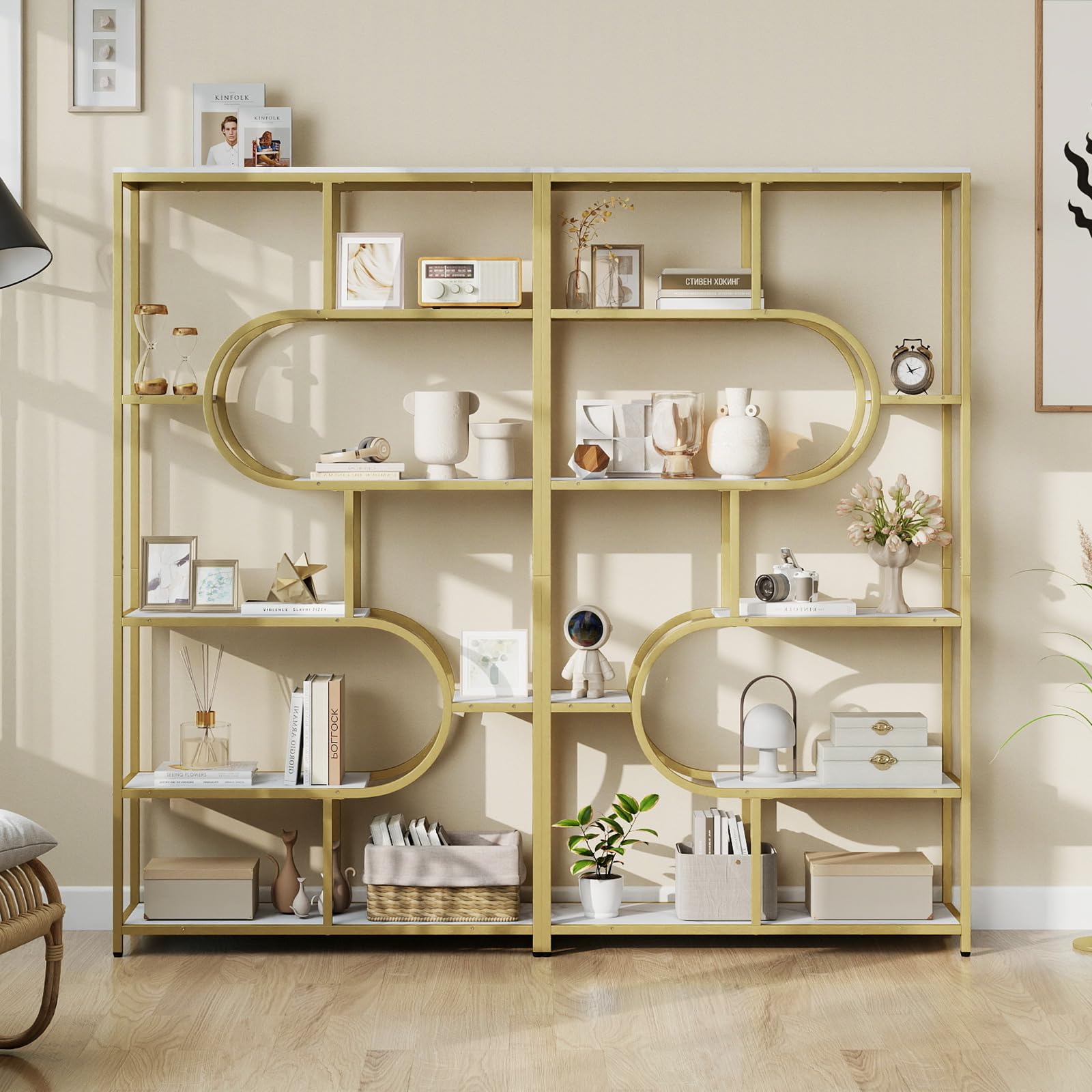 HOMASIS Libreria a Multi Livelli in Legno a Forma di Mezzaluna, Mensola da Parete con Ripiani Aperti, Scaffale Contenitore per Soggiorno, Ufficio (Bianco, Modello 1, 95 x 30 x 175 cm)