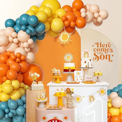 Miniatura 6 de Kit de arco de guirnalda de globos «Here Comes the Sun» de 151 piezas, estilo bohemio, retro, azul pizarra polvorienta, naranja quemado, naranja