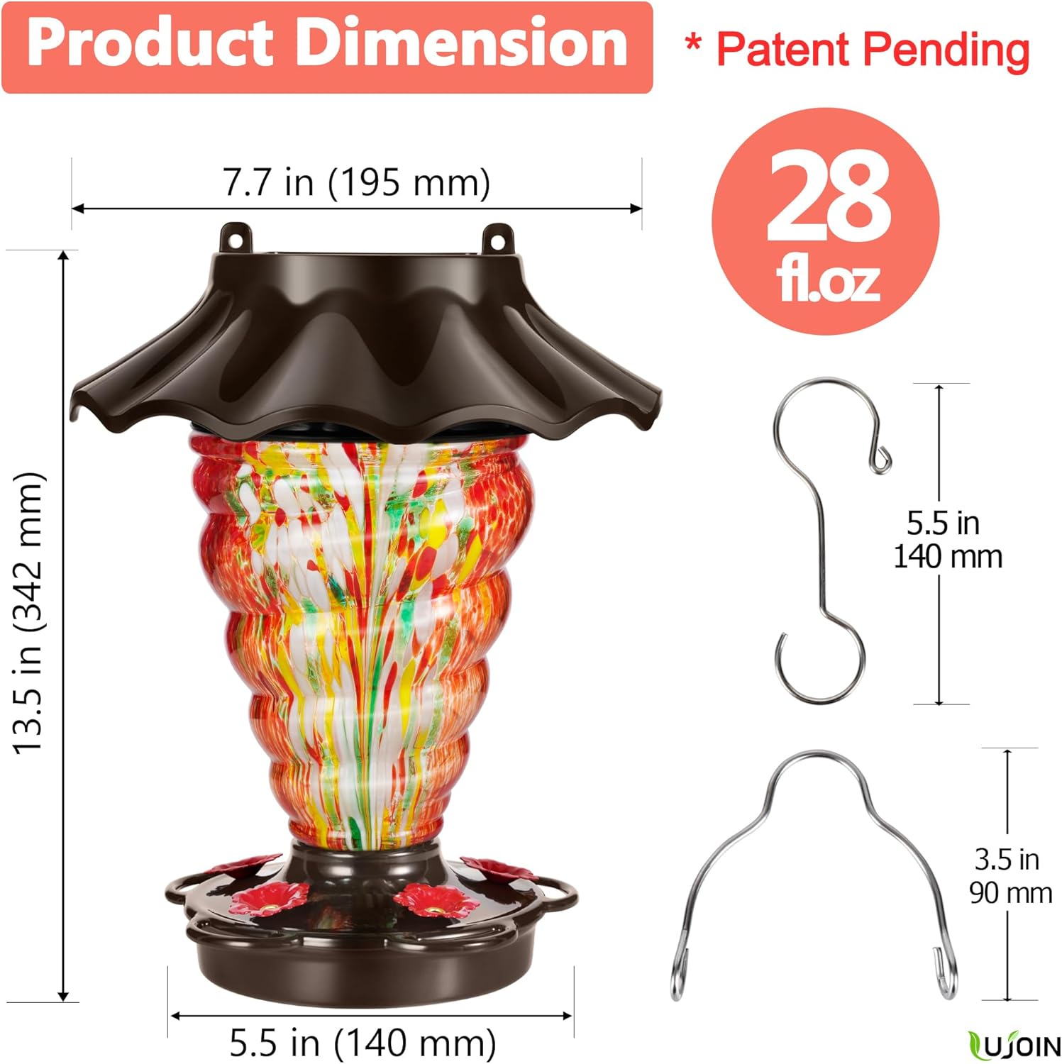 Solar Hummingbird Feeder for Outdoors Hanging, Lighted Hand Blown Glass with 9 Modes RGB Lights, 28 fl.oz, Leak Proof & Rustproof, Metal Cover with 5 Feeding Ports, Spiral Shaped, Red